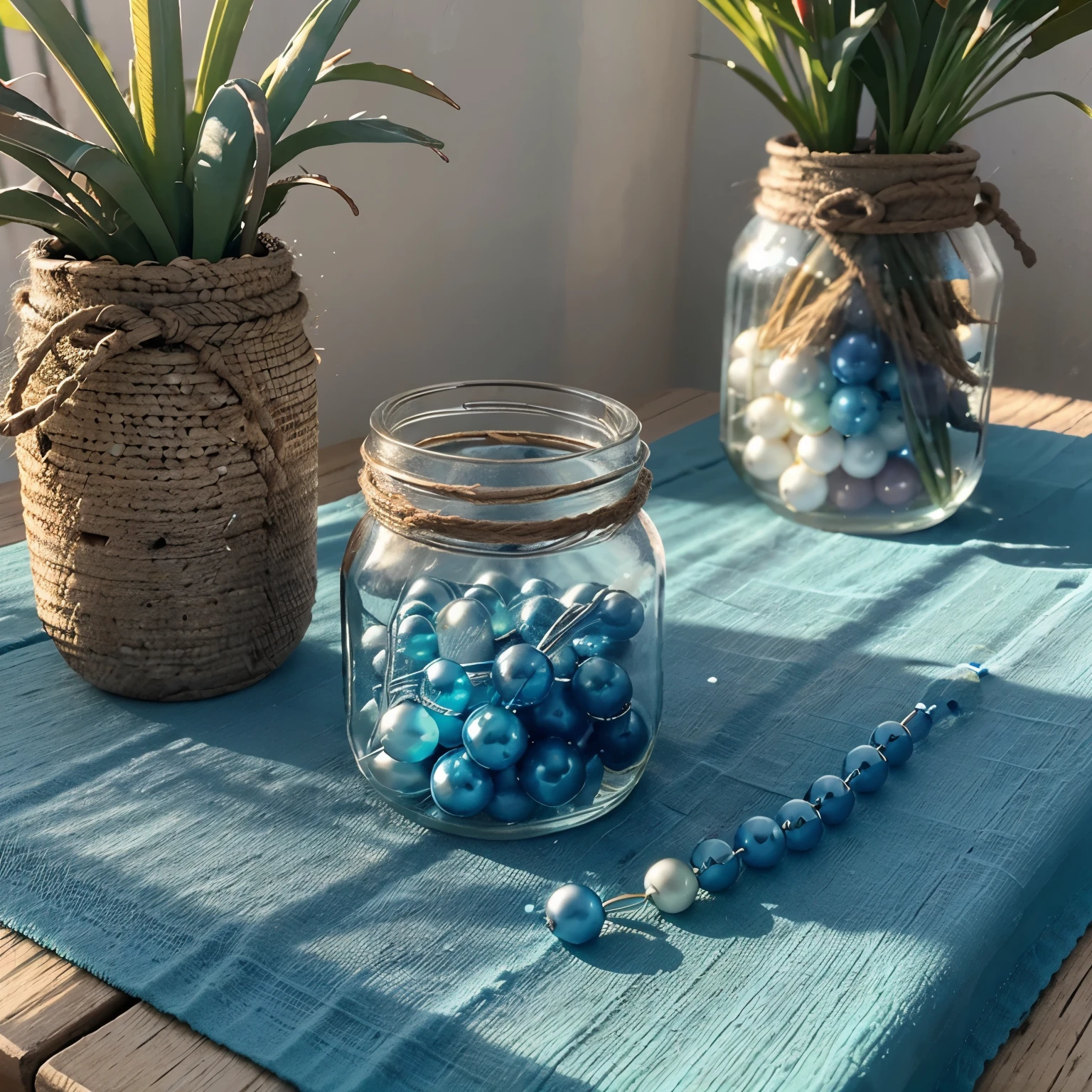 Mesa com tecido acetinado. Rauos de sol sobre a mesa. Small jars of beads on the table,  with some beads scattered on the table. The setting should be very light in pastel tones and the beads in shades of blue