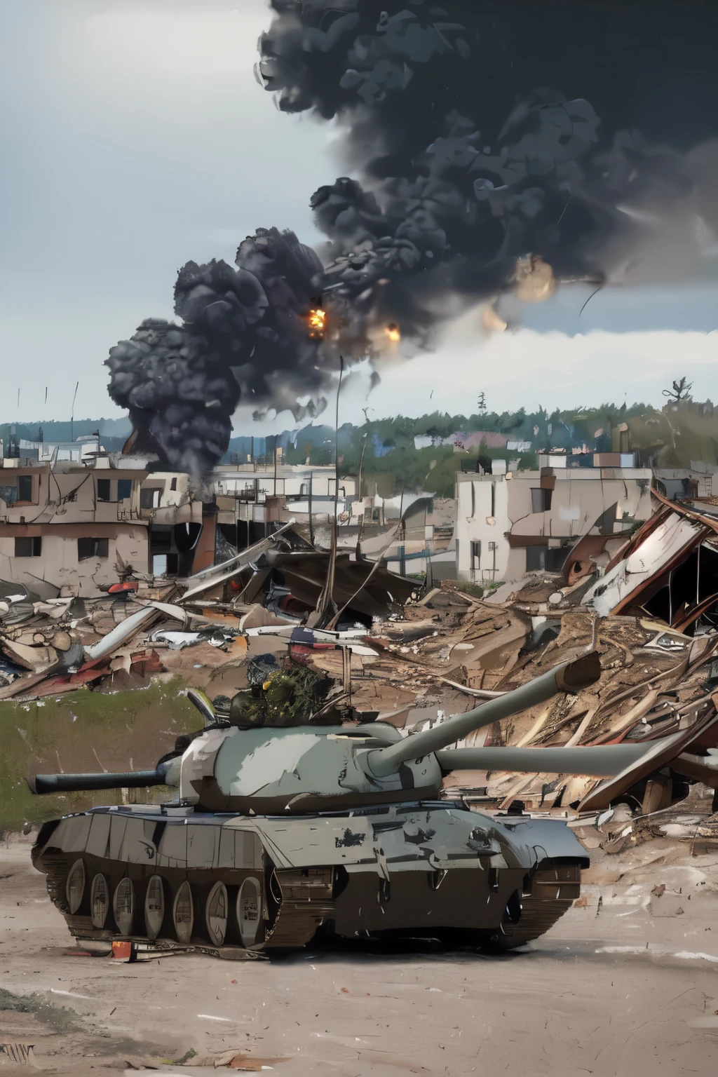 a large red battle tank in the street of a ruined city, ruined buildings, rubble, smoke and flame, burning cars, burning buildings, photorealism, realistic, high detail,