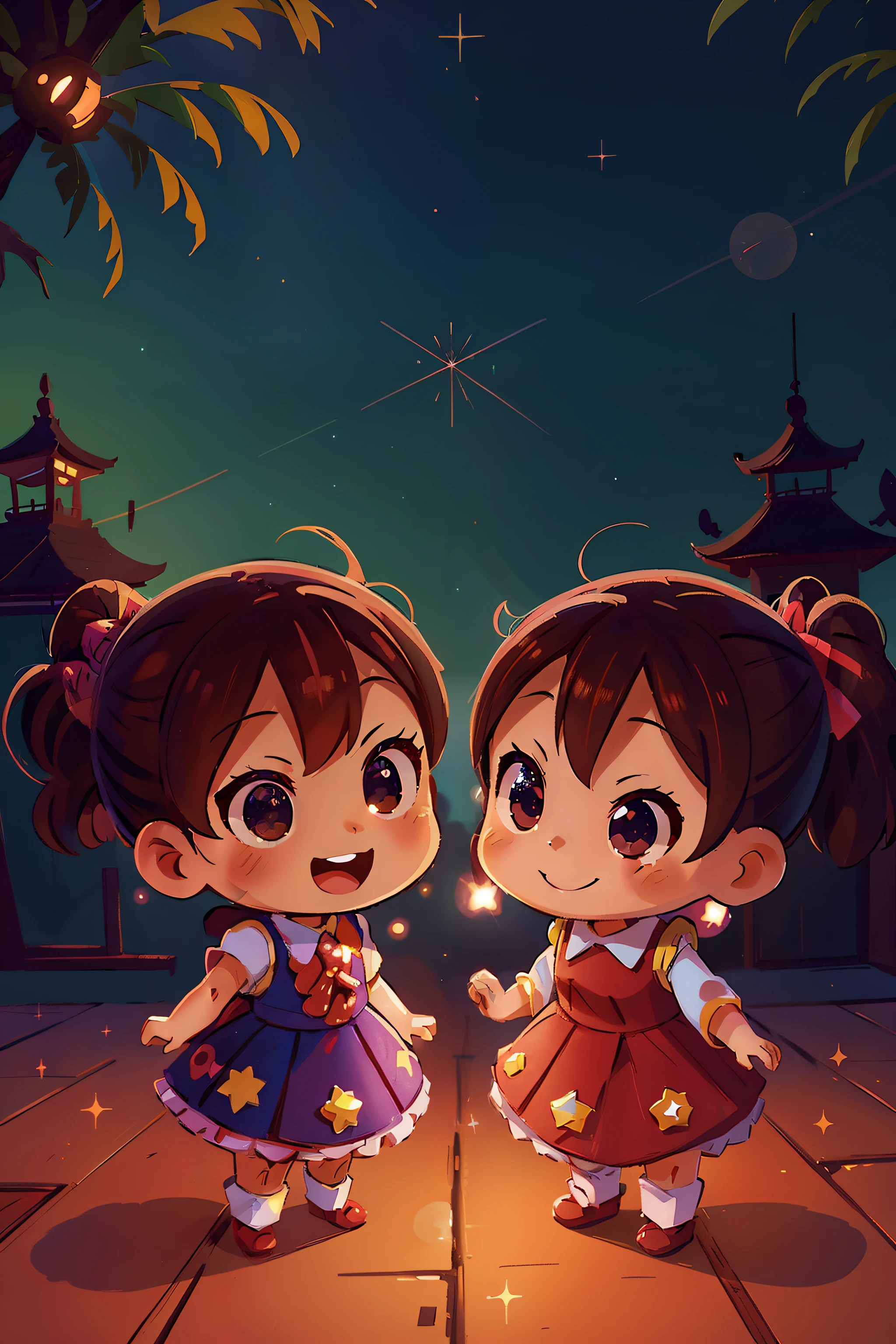Two costumed dolls stand next to each other, Yoshitomo Nara und Aya Takano, [ Feuerwerk am Himmel ]!!, style as nendoroid, nendroid, nendoroid 3 d, Happy!!!, Sparkling magical girl, Good Smile Company Anime-Stil, 8k artgerm bokeh, fanart