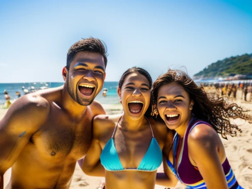 Create a vivid, close-up image capturing the joy and camaraderie of a group of friends immersed in a beach party celebration. Show them laughing, dancing, and enjoying themselves as they bask in the warmth of the sun and the euphoria of the moment. Highlight the vibrant colors of beach attire, the shimmering sand, and the sparkling ocean waves in the background. Let the viewer feel the energy and excitement radiating from this close-knit group of friends as they create unforgettable memories together by the sea