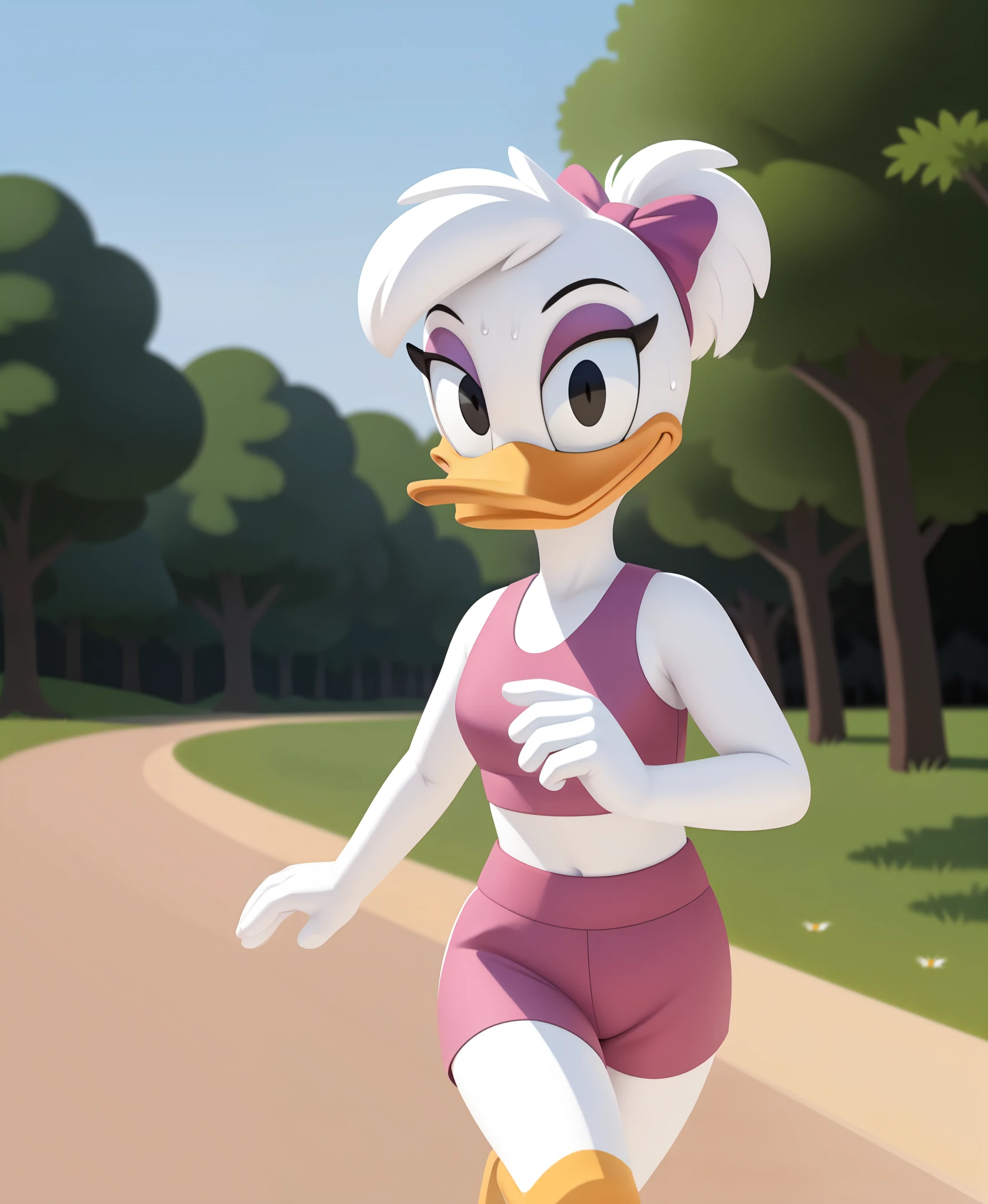 uploaded on e621, portrait of (daisy duck:1.2), photorealism, female daisy duck, detailed background, outside, eyeshadow, white hair, hairstyle,

wear sports bra, pink shorts,  sports, sweat, running away, 

simple black eyes, detailed, intricate, furry, 

(detailed white fur:1.3) (soft cinematic light:1.1) , ((looking at viewer)), (by qupostuv35:1.0), ,, BREAK