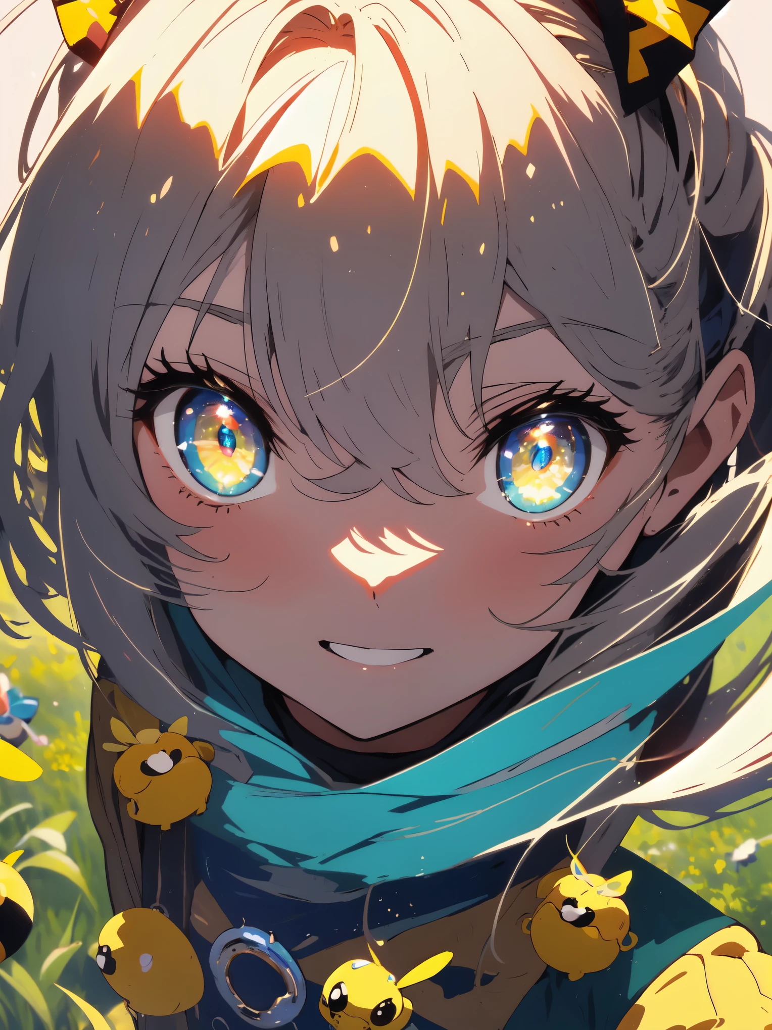 ((highest quality、masterpiece、shining eyes、detailed))、1 cute girl、beautiful face、smile、Play with round cute bees、A cute bee is flying in the background、pop background、beautiful anime