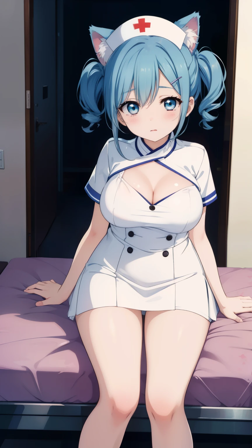 Again:zero's Againm、light blue hair、short hair、table top、High resolution、many girls multiple girls、large crowd、lots of cute girls、big and full breasts、naughty body、See-through、throw、、whole body、Are standing、Look up at me、confused face、blush、embarrassing、Excited、white breath、black pantyhose、female shape'Private parts are clearly visible、I can see your nipples、white skirt、micro mini skirt、very short skirt、hospital、hospital room、Many people々々々々、in the crowd、bare chest、show your chest、Upper grade、A lot of milk comes out from the nipples、Breast milk gushes from the nipple、white nurse uniform、cat ears nurse uniform、white one-piece nurse uniform、Bangs that cover one eye、pink hairpin、sit on bed、white sandals、white pantyhose、open your legs、open thighs、emphasize the chest、chest to chest