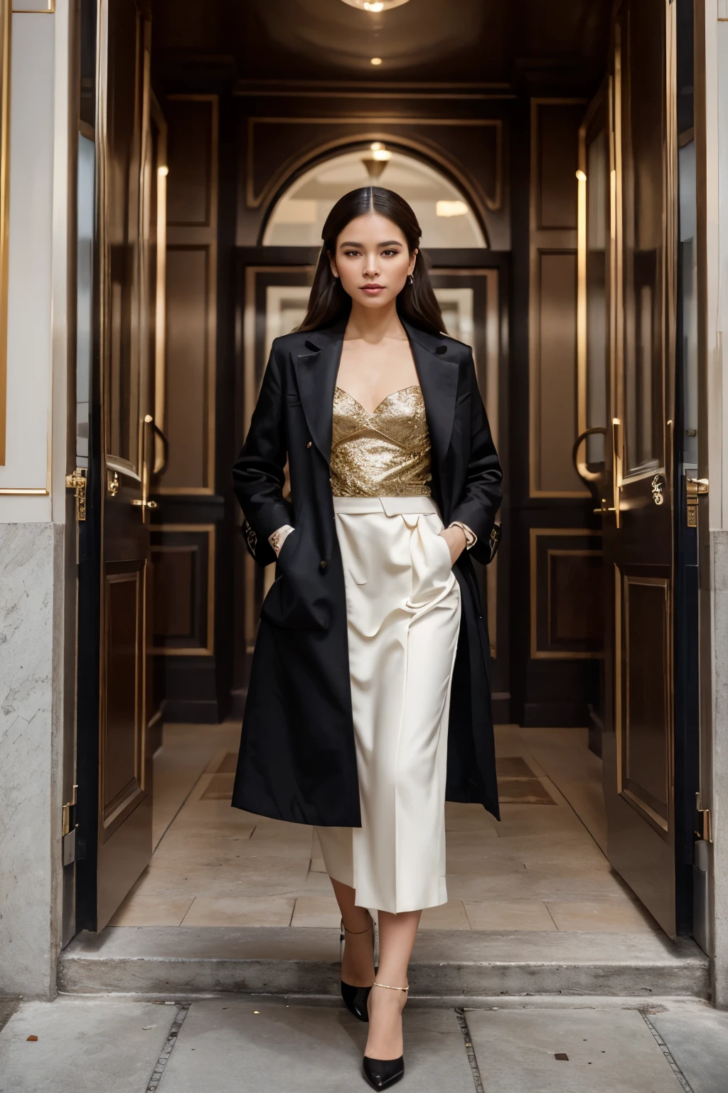 Amongst the elegant ambiance of the European-inspired Vincom Shop Houses in Vietnam, a captivating fusion of classic and contemporary European fashion comes to life, magnificently captured through the lens of a Sony A7S III with a 35mm lens. The enchanting lady, dressed in a breathtaking ensemble merging old-world elegance with modern sophistication, seizes the spotlight against the backdrop of refined storefronts and alluring architecture. Her attire gracefully harmonizes timeless elements of European couture with avant-garde accents, resulting in a stunning and unforgettable appearance. A tailored coat boasting intricate details pairs perfectly with a modern,