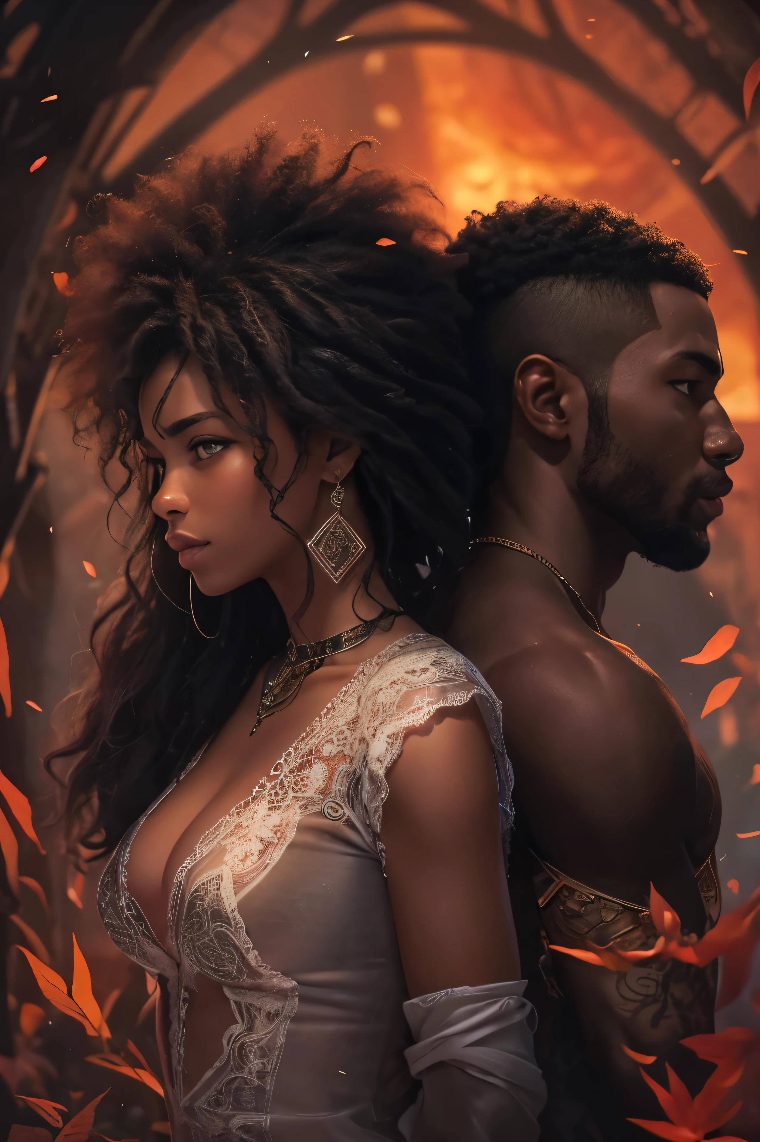 Je veux que tu me fasses une couverture pour un roman Fantasy romance, ces deux personnages sont noirs de peau, Peau sombre, ils sont des ennemis, ils veulent s'entretuer, surtout lui, elle, she mainly defends herself but her objective is also to save him at all costs. The boy is dark skin, with curly mid-length hair, The girl has long curly hair. They are very beautiful.
