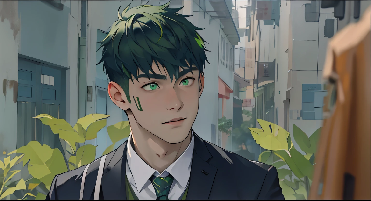 There is a handsome 16 year old boy with white skin, green hair, green eyes.