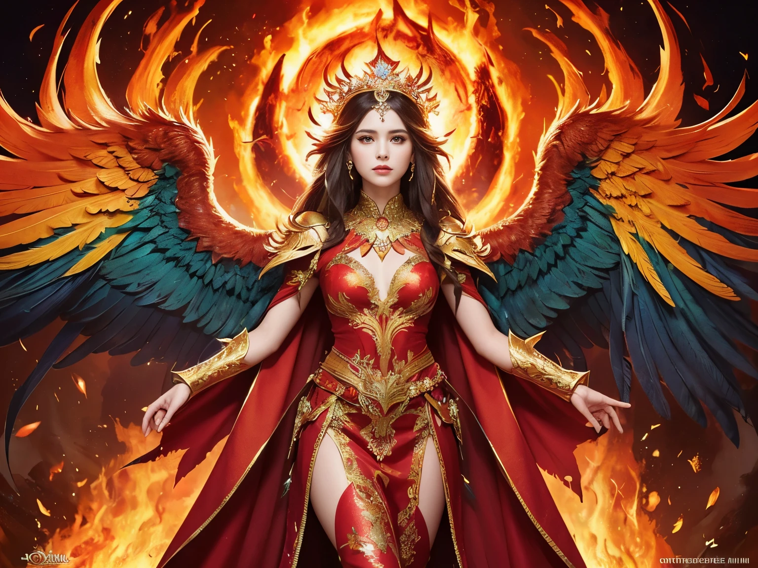 ( absurdly , high quality , Super detailed),(See photographer ),queen of phoenix,Costumes with detailed, beautiful and colorful patterns,Phoenix feathers,(Fire and flame background,Burning flames)