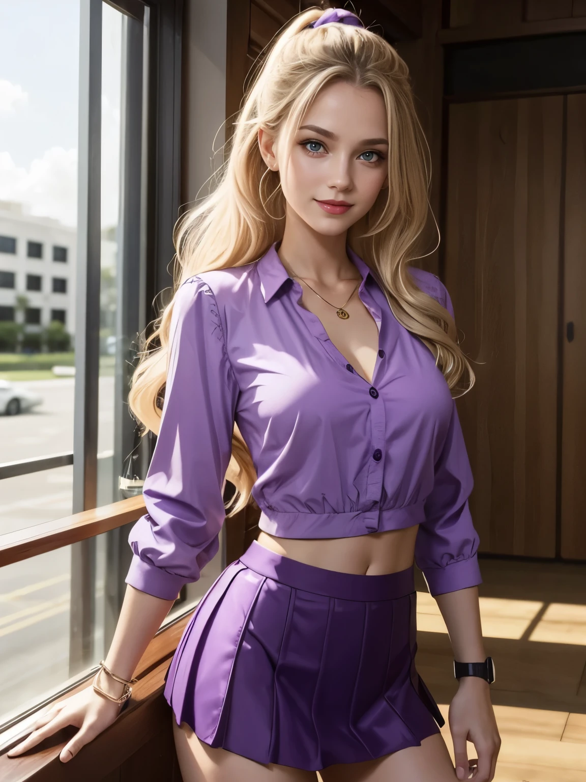 caucasian woman, blonde hair, wavy hair, long hair, hair in ponytail, red lipstick, green eyes, lined eyes, smile, athletic body, small breasts, nipples, ((Short purple skirt)), ((purple blouse)), (legs), wristwatch, bracelets, nails red, On universe campus, Frontal shot.