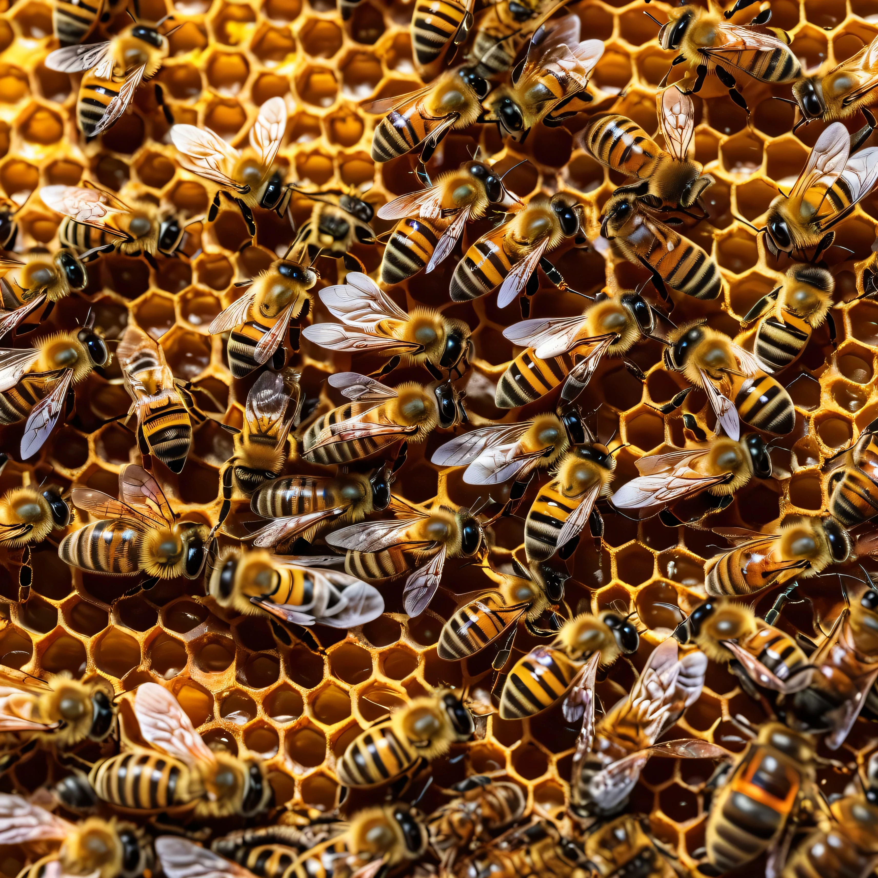 create a wallpaper of bees in a hive, photographic, realistic, bokeh, ultra-detailed.
