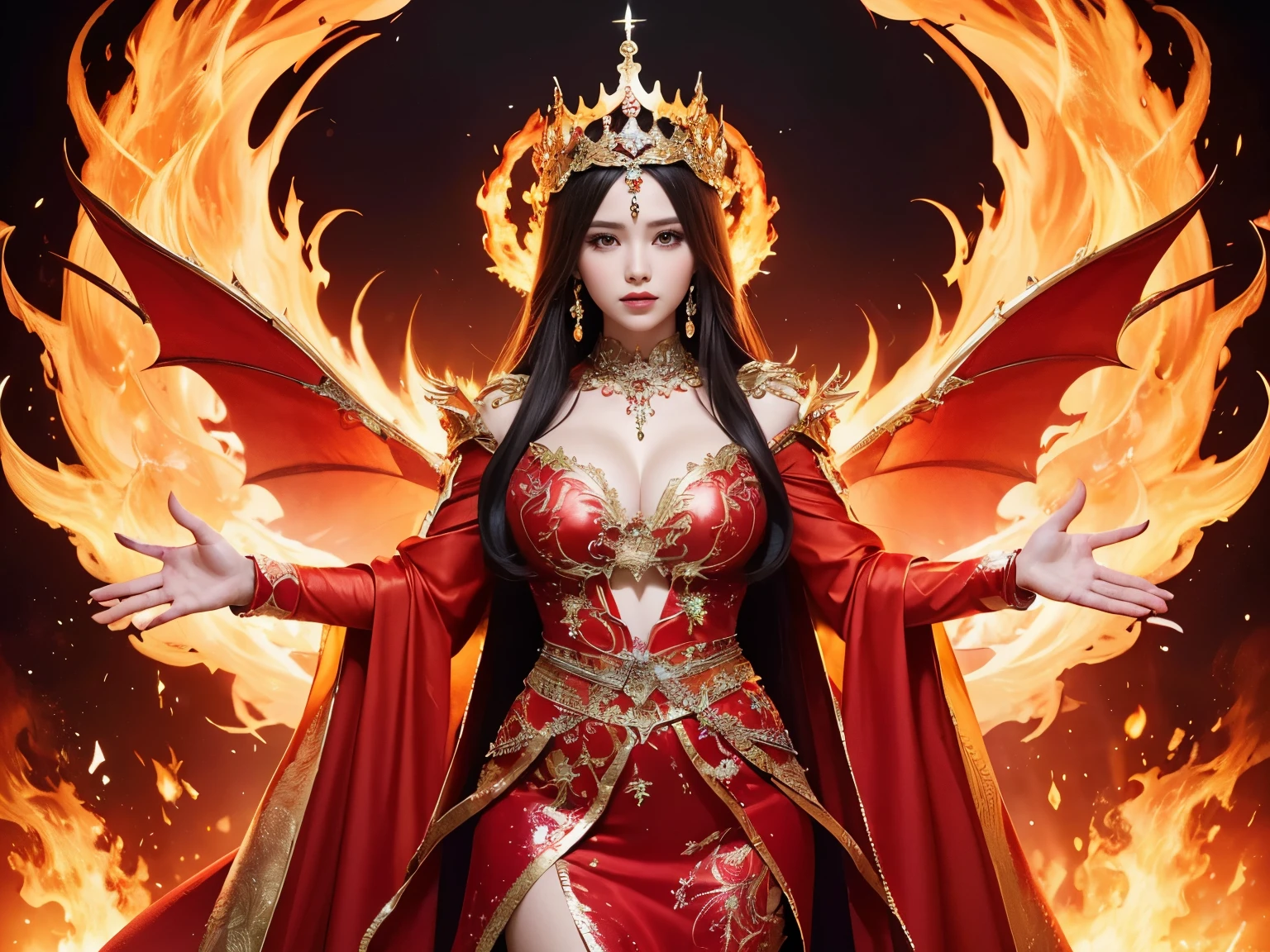 ( absurdly , high quality , Super detailed),(See photographer )fire queen,Crystal costume with detailed, beautiful and colorful patterns,Flame Queen,World of Fire,fantasy palace of god