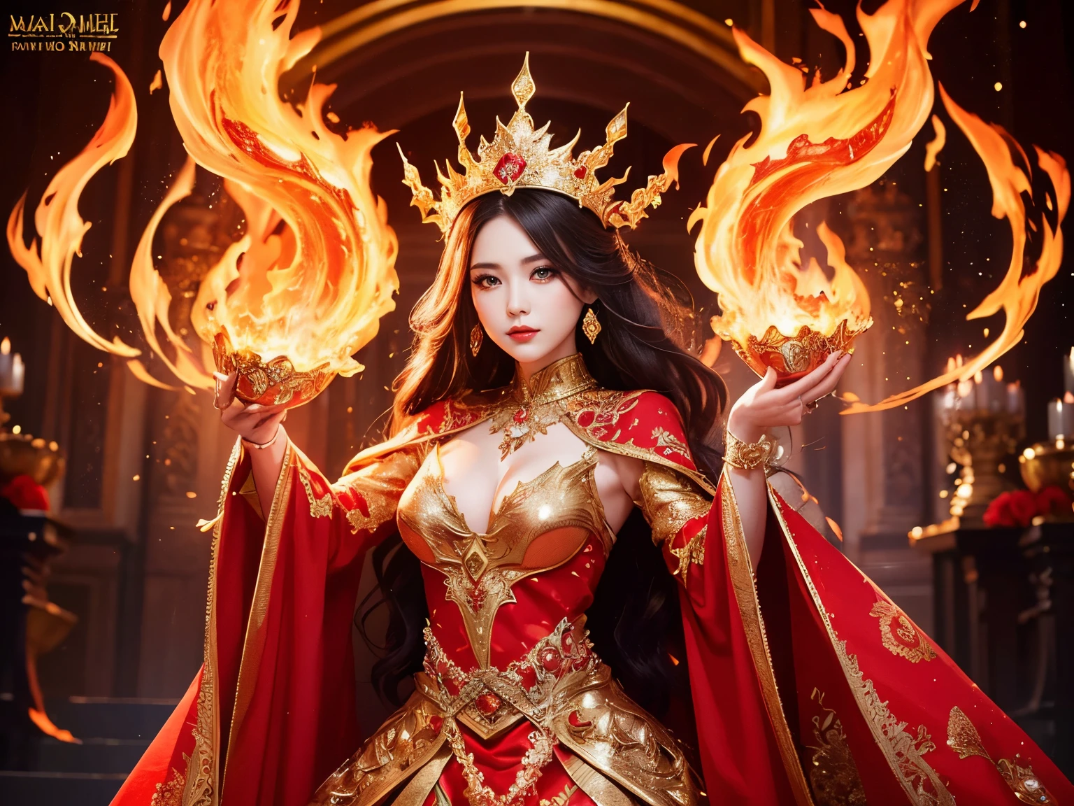 ( absurdly , high quality , Super detailed),(See photographer )fire queen,Crystal costume with detailed, beautiful and colorful patterns,Flame Queen,World of Fire,fantasy palace of god