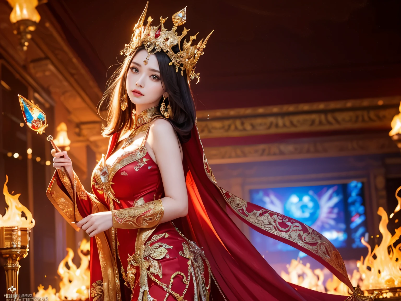 (Low - Angle),( absurdly , high quality , Super detailed),(See photographer )fire queen,Crystal costume with detailed, beautiful and colorful patterns,Flame Queen,World of Fire,fantasy palace of god