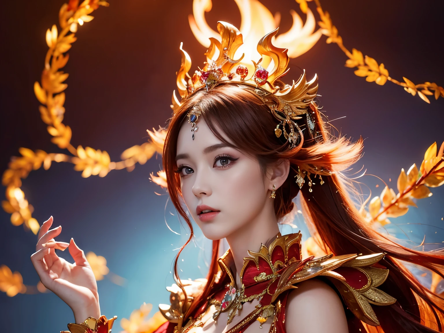 (Low - Angle),( absurdly , high quality , Super detailed),(See photographer )fire queen,Crystal costume with detailed, beautiful and colorful patterns,Flame Queen,World of Fire,fantasy palace of god