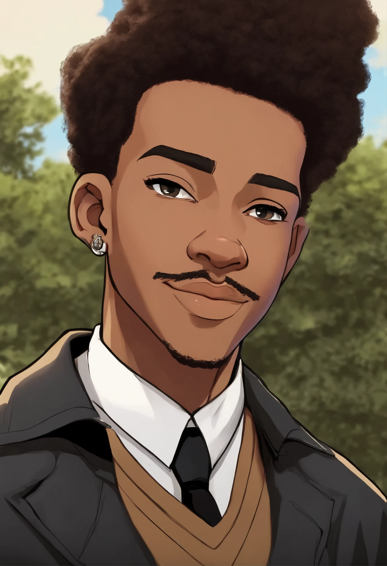 boondocks character ,A 19-year-old Brazilian teenager, brown, short black taper fade hair, very curly afro hair, tall and thin, wearing a school uniform, with low taper fade hairstyle, with a goatee and mustache combo, great jawline , thick eyebrows, bigs lip, and model goodlocking face 