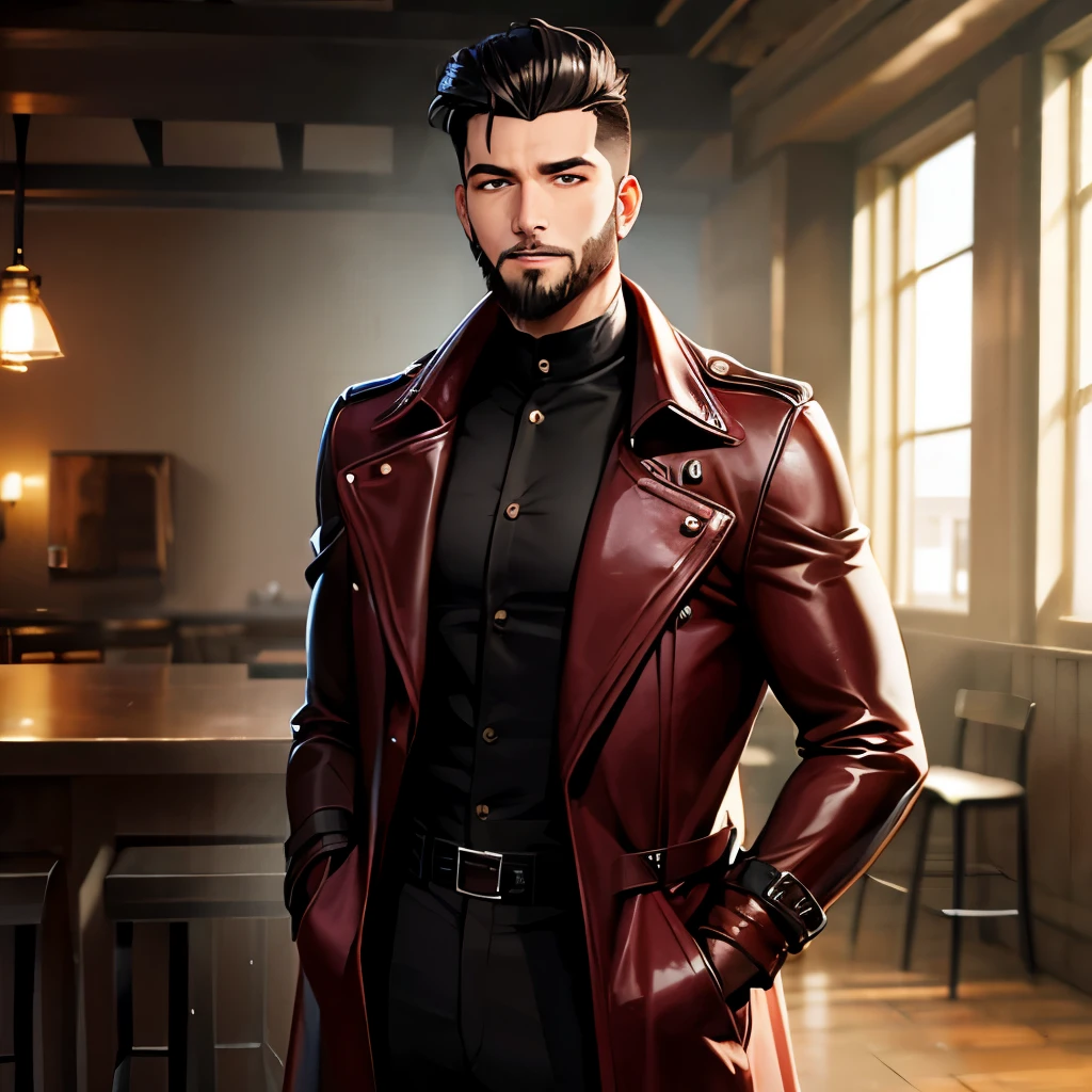 Young man, black quiff hair and beard, leather trench coat, red skirt, blacksmith, half body