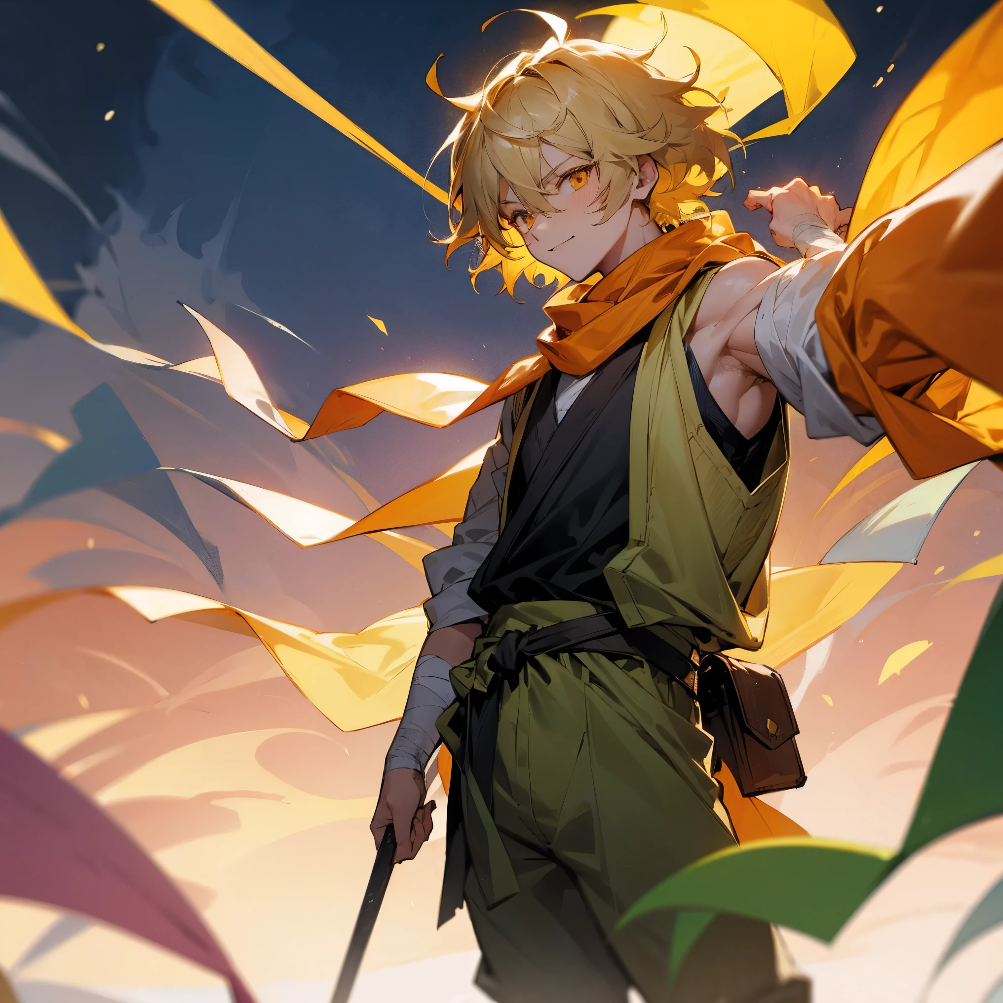 1male, adult, finely detailed orange eyes, medium messy hair, green ombré yellow hair color, loose open fighting gi, loose baggy pants, bandages wrapped around arms, standing with arms folded, standing on open trail, night, confident smile, village, muscular, serious, scarf