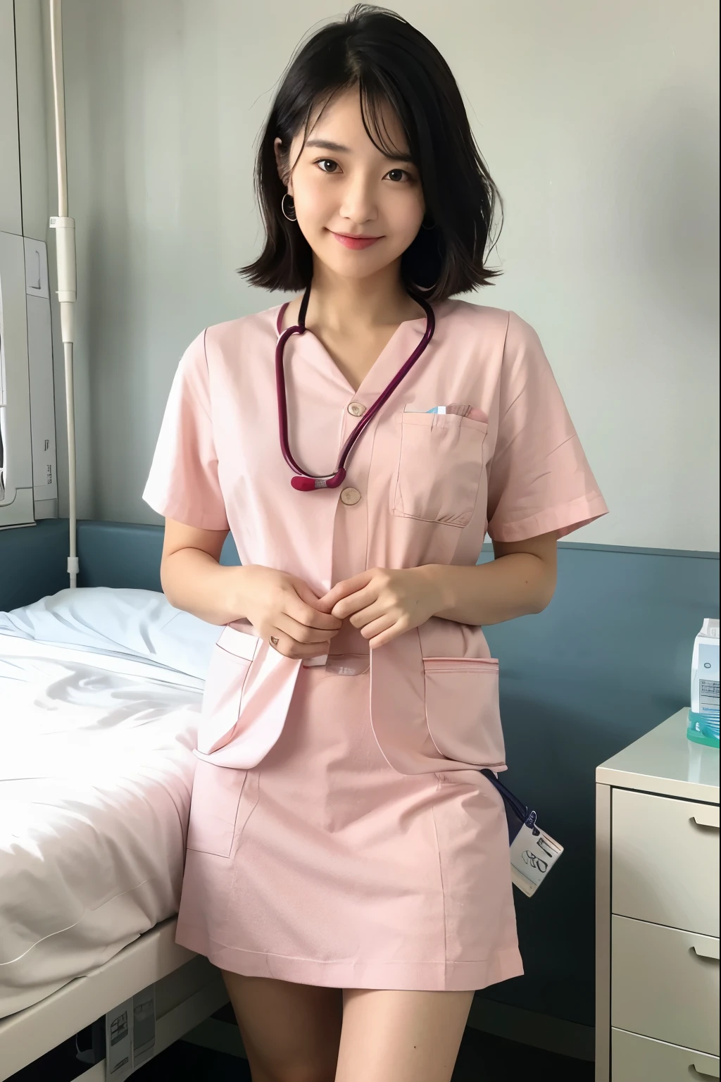 Light pink nurse clothes、hospital、hospital room、bed、
1 girl, black hair, mini skirt , fine skin texture, fine cloth texture, beautiful and detailed face,front、Pen in pocket、Stethoscope