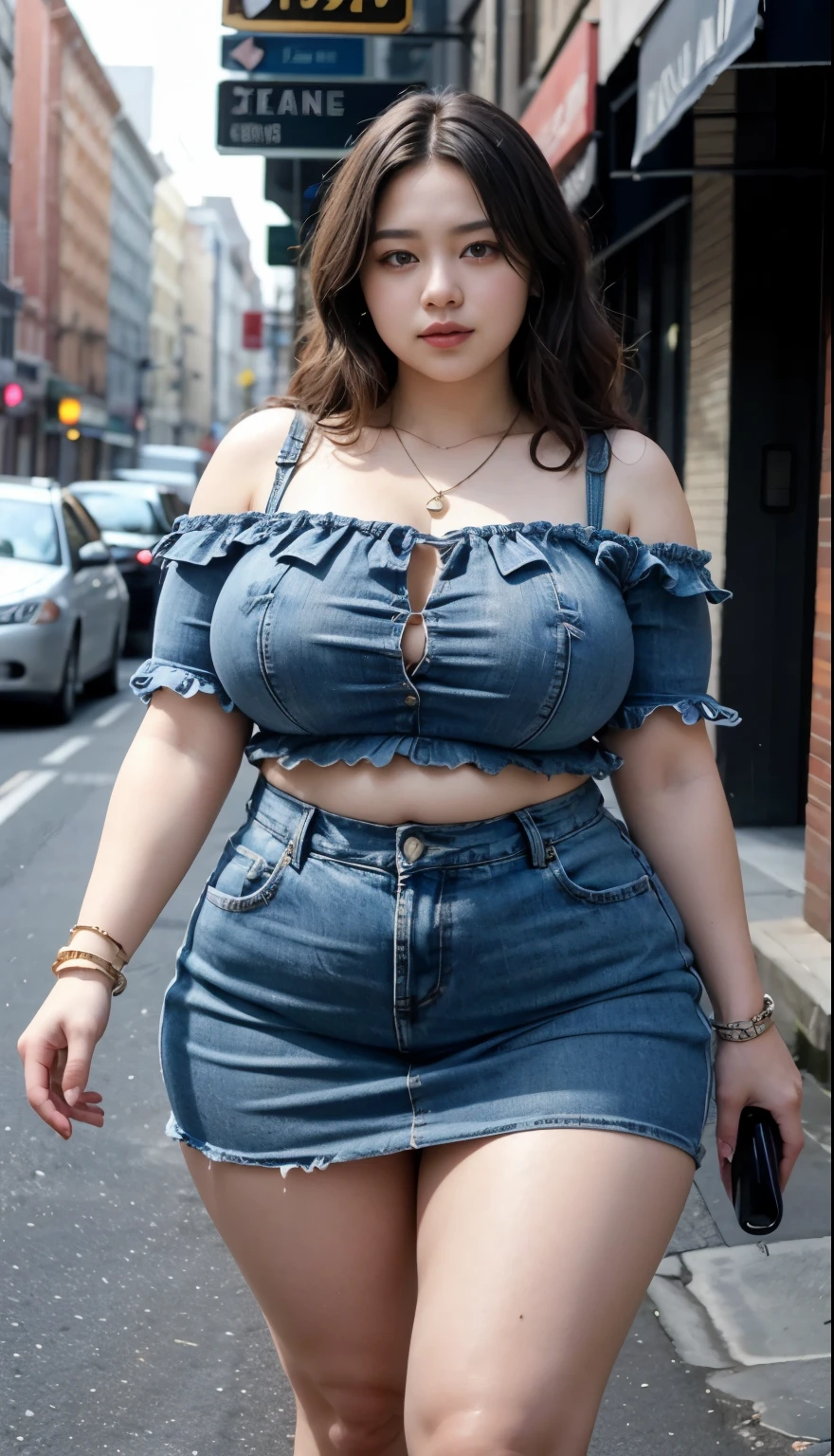 ((best quality)), ((masterpiece)), (detailed), perfect face, araffe woman in a long dark-blue shirt and blue denim skirt walking down a street, thicc,  wavy  short hair , she has a jiggly fat round belly, bbwchan, wearing tight simple clothes, skinny waist and thick hips, widest hips, her belly is fat and round, soft curvy shape, hyperrealistic full figure, wearing a cute top, wide hips, wearing 10 bracelet , wearing huge diamond necklace 