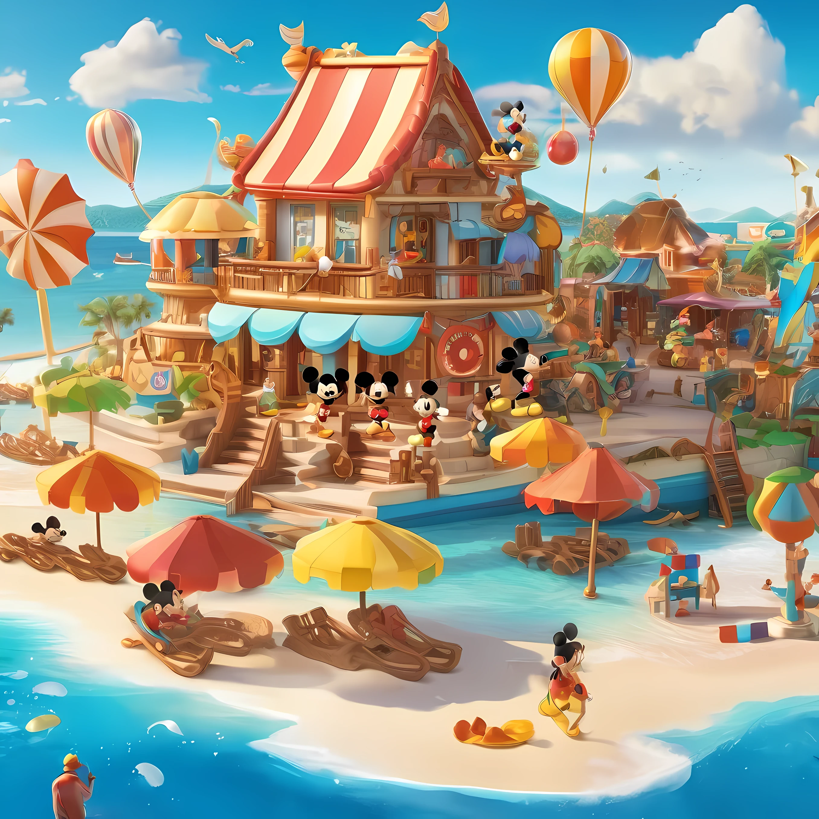 Animated characters and people enjoying vibrant and creative beach on sunny golden beach, Colorful beach umbrellas sparkle in the sun, Mickey Mouse driving a racing car, Trend-setting decorations and Disney splash art from Polycount adorn the coast, The appearance of big-name figures such as Chengdu Fatty and artificial beach elements add to the summer atmosphere. Decorative elements such as shell-shaped cookies are neatly arranged in a wicker basket, Describe the scene in detail, Get creative and personalize with licensed commercial images and artistic illustrations from the visual content platform, Popular color schemes captured with Lightroom Preset Cinematic Color LUT presets, intricate details.