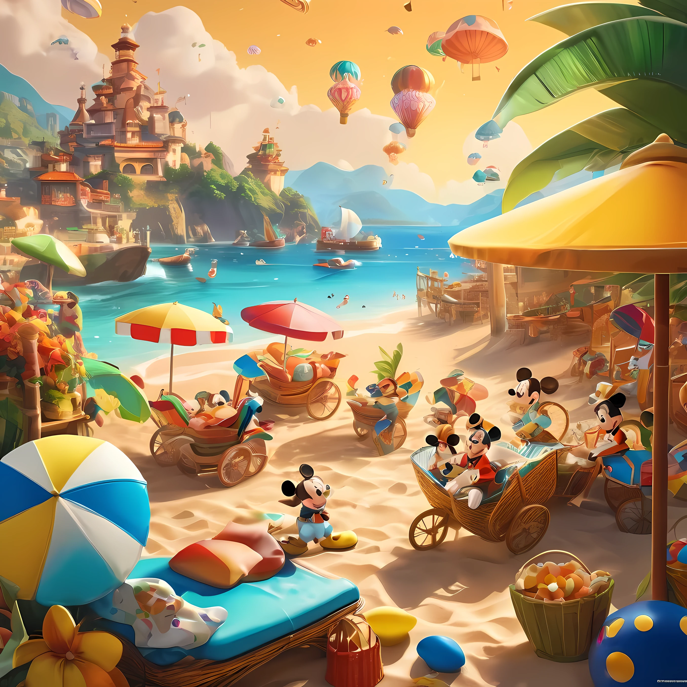 Animated characters and people enjoying vibrant and creative beach on sunny golden beach, Colorful beach umbrellas sparkle in the sun, Mickey Mouse driving a racing car, Trend-setting decorations and Disney splash art from Polycount adorn the coast, The appearance of big-name figures such as Chengdu Fatty and artificial beach elements add to the summer atmosphere. Decorative elements such as shell-shaped cookies are neatly arranged in a wicker basket, Describe the scene in detail, Get creative and personalize with licensed commercial images and artistic illustrations from the visual content platform, Popular color schemes captured with Lightroom Preset Cinematic Color LUT presets, intricate details.

