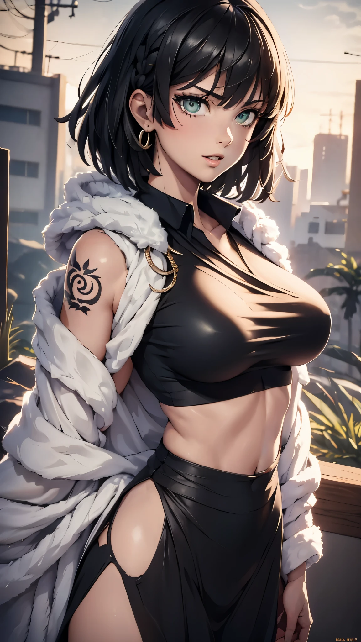 (beautiful 19-year-old Only One girl(Fubuki from One Puch Man)),(model figure),(big breasts),(short haircut,long braid down the back),(Black hair),(smile),(wearing white kimono, heavily torn in some places),(fighting stance),(a gang),(tattoos)。(best quality,4k,8k,highres,masterpiece:1.2),ultra-detailed,(realistic,photorealistic,photo-realistic:1.37),HDR,UHD,studio lighting,ultra-fine painting,sharp focus,physically-based rendering,extreme detail description,professional,vivid colors,bokeh,concept artists
Ожидае