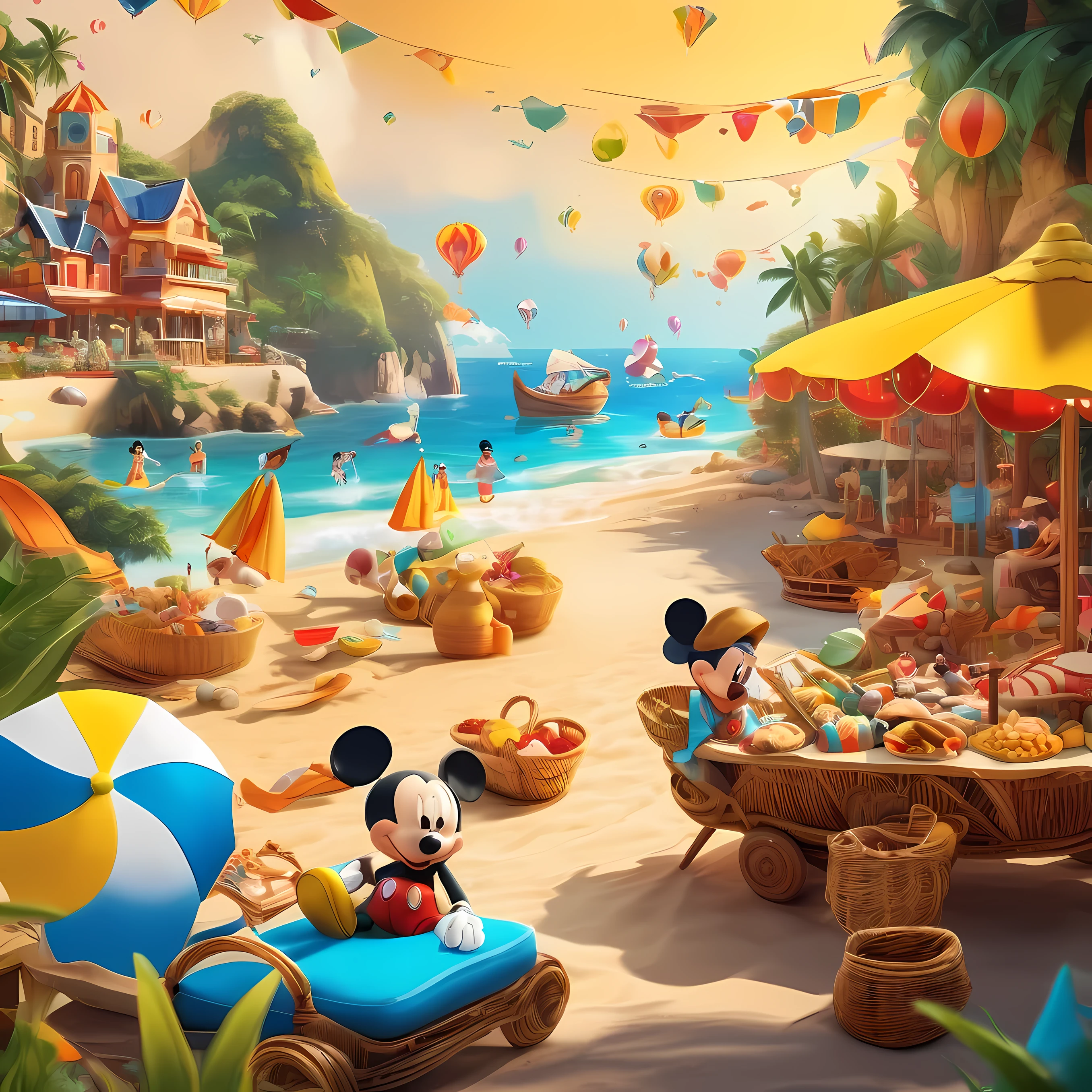 Animated characters and people enjoying vibrant and creative beach on sunny golden beach, Colorful beach umbrellas sparkle in the sun, Mickey Mouse driving a racing car, Trend-setting decorations and Disney splash art from Polycount adorn the coast, The appearance of big-name figures such as Chengdu Fatty and artificial beach elements add to the summer atmosphere. Decorative elements such as shell-shaped cookies are neatly arranged in a wicker basket, Describe the scene in detail, Get creative and personalize with licensed commercial images and artistic illustrations from the visual content platform, Popular color schemes captured with Lightroom Preset Cinematic Color LUT presets, intricate details.
