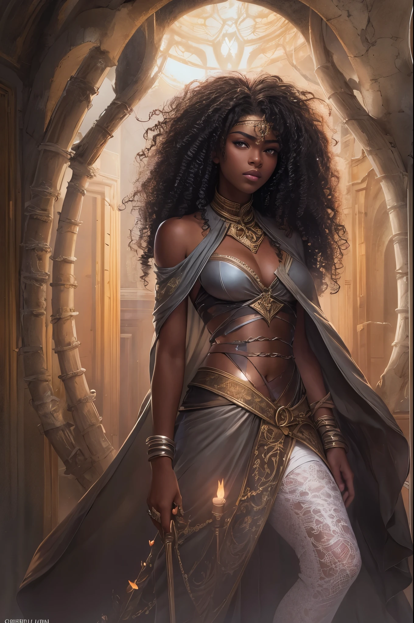 Je veux que tu me fasses une couverture pour un roman Fantasy romance, ces deux personnages sont noirs de peau, dark skin, ils ont , ils sont des ennemis, ils veulent s'entretuer, surtout lui, elle, she mainly defends herself but her goal is to save him at all costs too. Le garçon est dark skin, with curly mid-length hair, the girl has long curly hair. They are very beautiful.