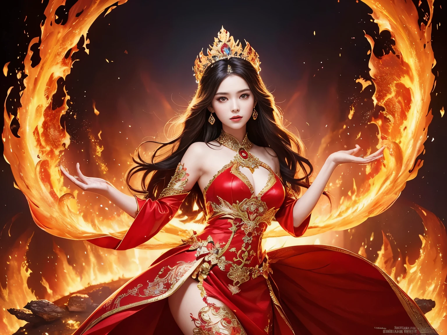 ( absurdly , high quality , Super detailed),(See photographer ),(princess of flame,woman wearing fire),Crystal costume with detailed, beautiful and colorful patterns,Flame Queen,World of Fire,fantasy palace of god