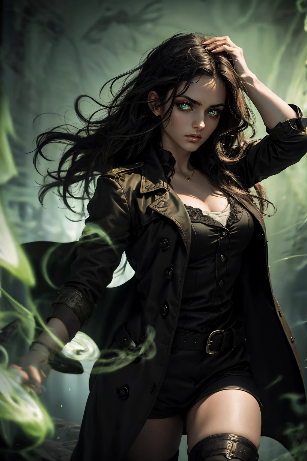 A stunning Indian beauty, with bright green eyes, standing in swirling black smoke, with dark brown-black long wavy hair, mesmerizing features with a scary expression, finely detailed eyes, angry mood masterpiece, top quality, best quality, official art, beautiful and aesthetic:1.2), (1girl), extreme detailed,(fractal art:1.3), colorful, highest detailed, (masterpiece, best quality:1.3) 1 bright-green-eyed woman, professional digital painting, Unreal Engine 5. Wearing a black-buttoned-up military-trench coat. Scary void dripping from body and face black magic swirling around. Arms up casting black magic from fingertips. Black smoke swirled around her. Holding a rapier. Purple-tinted background.
