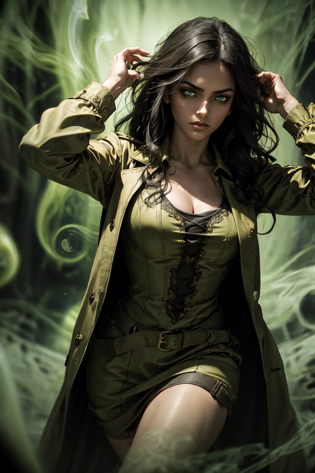 A stunning Indian beauty, with bright green eyes, standing in swirling black smoke, with dark brown-black long wavy hair, mesmerizing features with a scary expression, finely detailed eyes, angry mood masterpiece, top quality, best quality, official art, beautiful and aesthetic:1.2), (1girl), extreme detailed,(fractal art:1.3), colorful, highest detailed, (masterpiece, best quality:1.3) 1 bright-green-eyed woman, professional digital painting, Unreal Engine 5. Wearing a black-buttoned-up military-trench coat. Scary void dripping from body and face black magic swirling around. Arms up casting black magic from fingertips. Black smoke swirled around her. Holding a rapier. Purple-tinted background.
