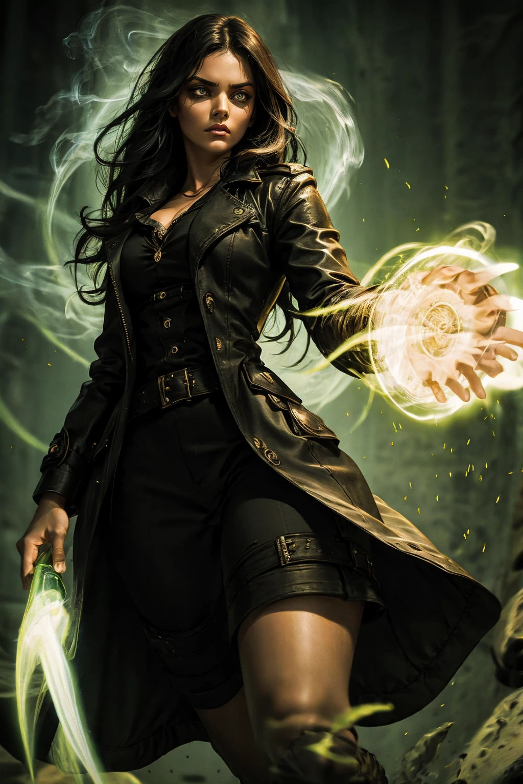 A stunning Indian beauty, with bright green eyes, standing in swirling black smoke, with dark brown-black long wavy hair, mesmerizing features with a scary expression, finely detailed eyes, angry mood masterpiece, top quality, best quality, official art, beautiful and aesthetic:1.2), (1girl), extreme detailed,(fractal art:1.3), colorful, highest detailed, (masterpiece, best quality:1.3) 1 bright-green-eyed woman, professional digital painting, Unreal Engine 5. Wearing a black-buttoned-up military-trench coat. Scary void dripping from body and face black magic swirling around. Arms up casting black magic from fingertips. Black smoke swirled around her.

