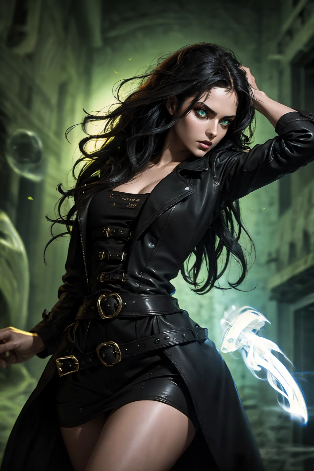 A stunning Indian beauty, with bright green eyes, standing in swirling black smoke, with dark brown-black long wavy hair, mesmerizing features with a scary expression, finely detailed eyes, angry mood masterpiece, top quality, best quality, official art, beautiful and aesthetic:1.2), (1girl), extreme detailed,(fractal art:1.3), colorful, highest detailed, (masterpiece, best quality:1.3) 1 bright-green-eyed woman, professional digital painting, Unreal Engine 5. Wearing a black-buttoned-up military-trench coat. Scary void dripping from body and face black magic swirling around. Arms up casting black magic from fingertips. Black smoke swirled around her. Holding a rapier. Purple-tinted background.
