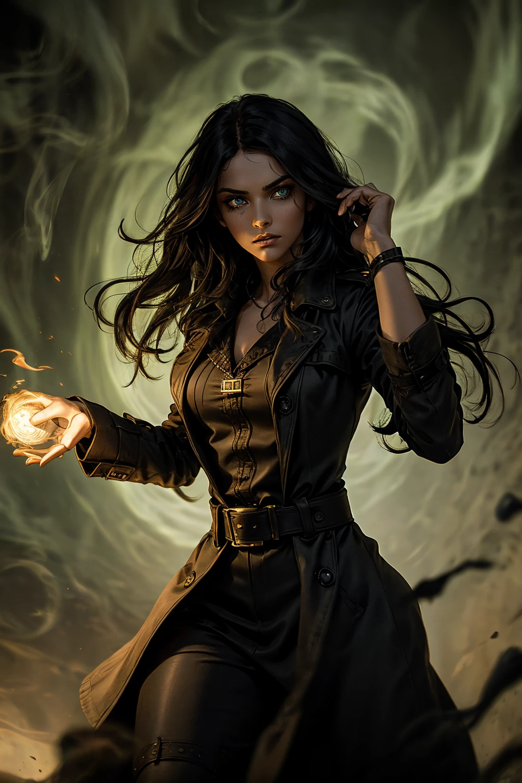 A stunning Indian beauty, with bright green eyes, standing in swirling black smoke, with dark brown-black long wavy hair, mesmerizing features with a scary expression, finely detailed eyes, angry mood masterpiece, top quality, best quality, official art, beautiful and aesthetic:1.2), (1girl), extreme detailed,(fractal art:1.3), colorful, highest detailed, (masterpiece, best quality:1.3) 1 bright-green-eyed woman, professional digital painting, Unreal Engine 5. Wearing a black-buttoned-up military-trench coat. Scary void dripping from body and face black magic swirling around. Arms up casting black magic from fingertips. Black smoke swirled around her. Holding a rapier. Purple-tinted background.
