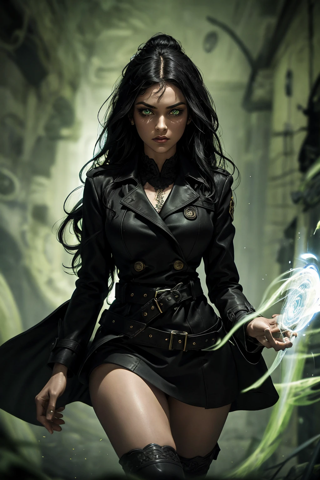 A stunning Indian beauty, with bright green eyes, standing in swirling black smoke, with dark brown-black long wavy hair, mesmerizing features with a scary expression, finely detailed eyes, angry mood masterpiece, top quality, best quality, official art, beautiful and aesthetic:1.2), (1girl), extreme detailed,(fractal art:1.3), colorful, highest detailed, (masterpiece, best quality:1.3) 1 bright-green-eyed woman, professional digital painting, Unreal Engine 5. Wearing a black-buttoned-up military-trench coat. Scary void dripping from body and face black magic swirling around. Arms up casting black magic from fingertips. Black smoke swirled around her. Holding a rapier. Purple-tinted background.
