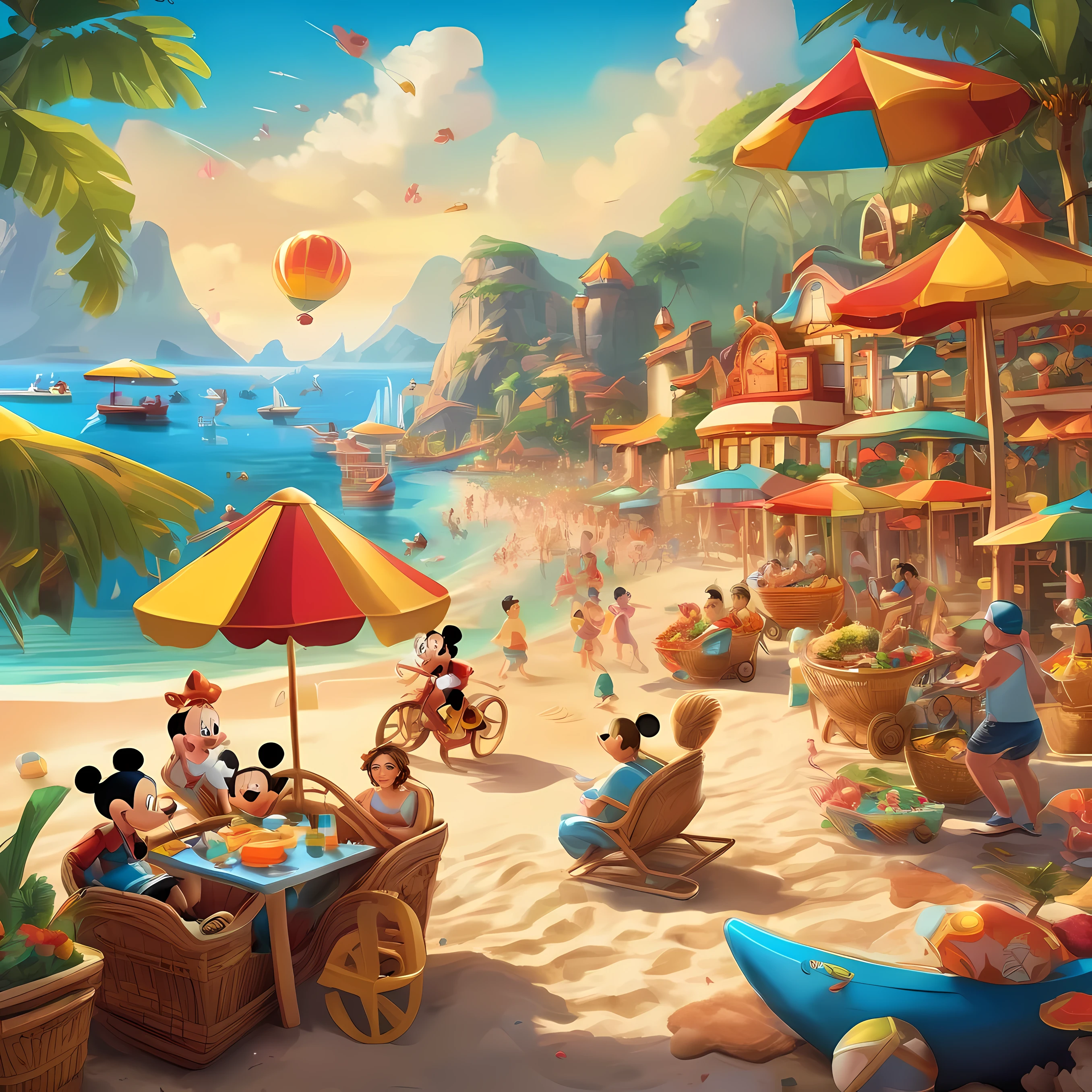 Animated characters and people enjoying vibrant and creative beach on sunny golden beach, Colorful beach umbrellas sparkle in the sun, Mickey Mouse driving a racing car, Trend-setting decorations and Disney splash art from Polycount adorn the coast, The appearance of big-name figures such as Chengdu Fatty and artificial beach elements add to the summer atmosphere. Decorative elements such as shell-shaped cookies are neatly arranged in a wicker basket, Describe the scene in detail, Get creative and personalize with licensed commercial images and artistic illustrations from the visual content platform, Popular color schemes captured with Lightroom Preset Cinematic Color LUT presets, intricate details.

