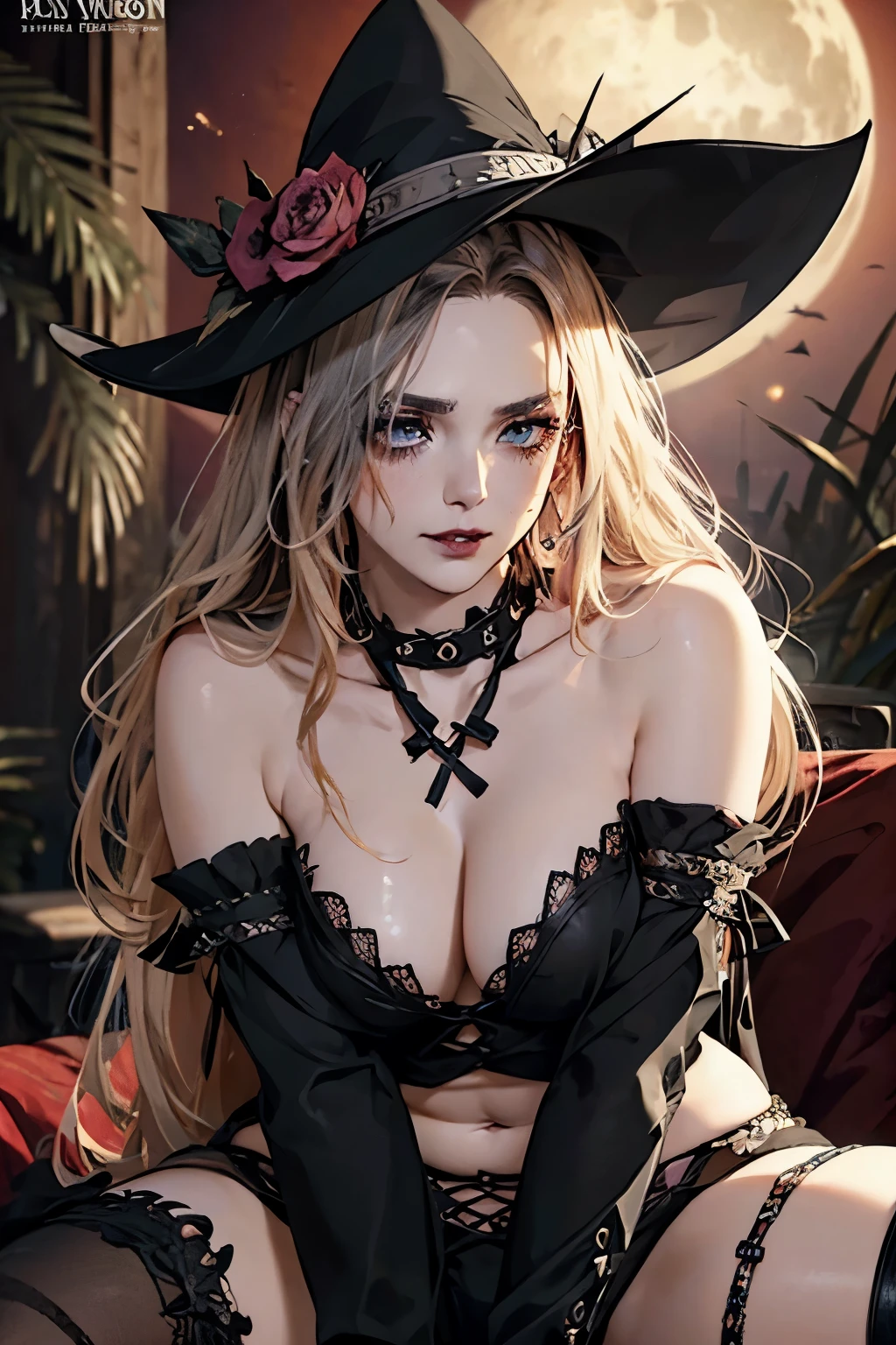 alluring beautiful gothic witch, frilly sensual gothic striped crimson clothes, pointy hat, barely clothed, spiked gothic ornaments and ruby jewellry, frilly bustier, frilly striped gloves and long socks, exposed breasts, exposed crotch, laying on a crimson gothic bed, fullmoon night, Fantasy Theme, Beautiful D&D Character Portrait, Ominous, Dark Fantasy, Detailed, Digital Art, Extreme Detail, Polished, Beautiful, Hyperdetailed, Intricate, Elaborate, Meticulous, Anime Character, Detailed, Anime Face, Sharp Focus, Unreal Engine, 3d Rendered, Volumetric Lighting, Reflections, Glossy, Digital Illustration, Sensual Pose, Suggestive Pose, Lewd, Full Body Shot, anatomically correct, legs spreaded, naked, visible nipples, puffy vagina, 💖❤💕💋❣