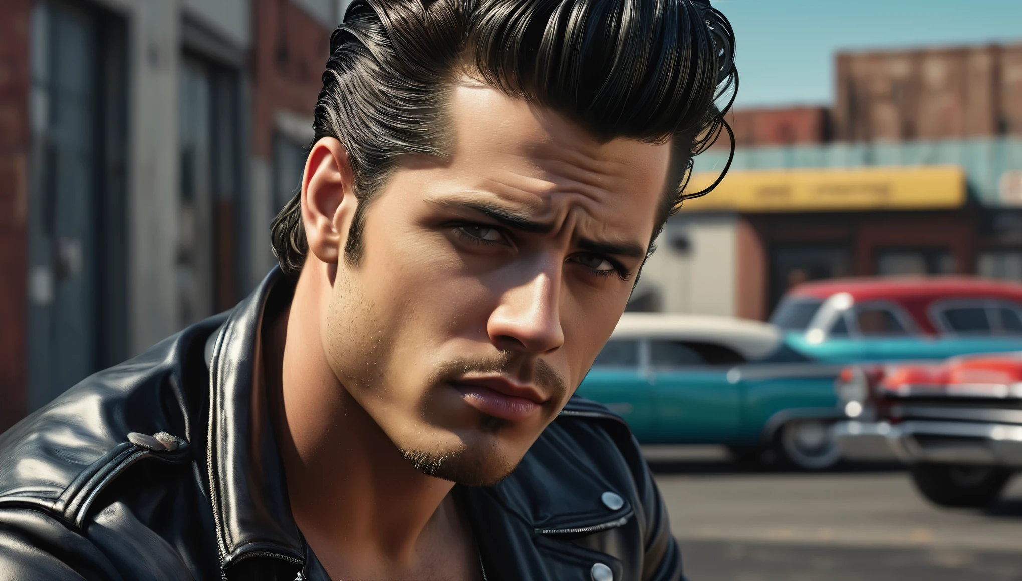 create an image demonstrating the style of ((Greaser)) style, hyper realism, 8k high definition, vibrant colors, sharp focus, insanely detailed