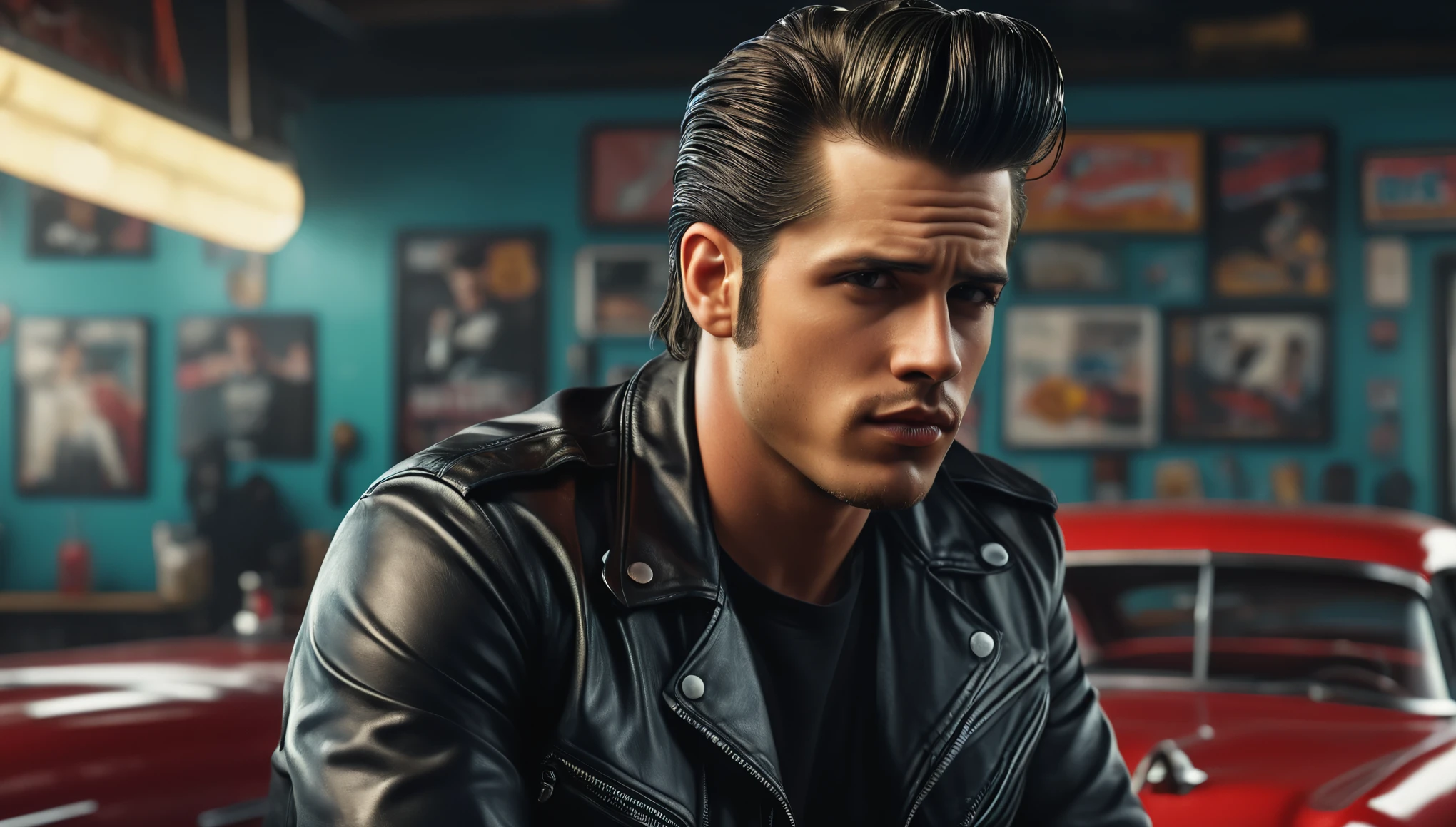 create an image demonstrating the style of ((Greaser)) style, hyper realism, 8k high definition, vibrant colors, sharp focus, insanely detailed