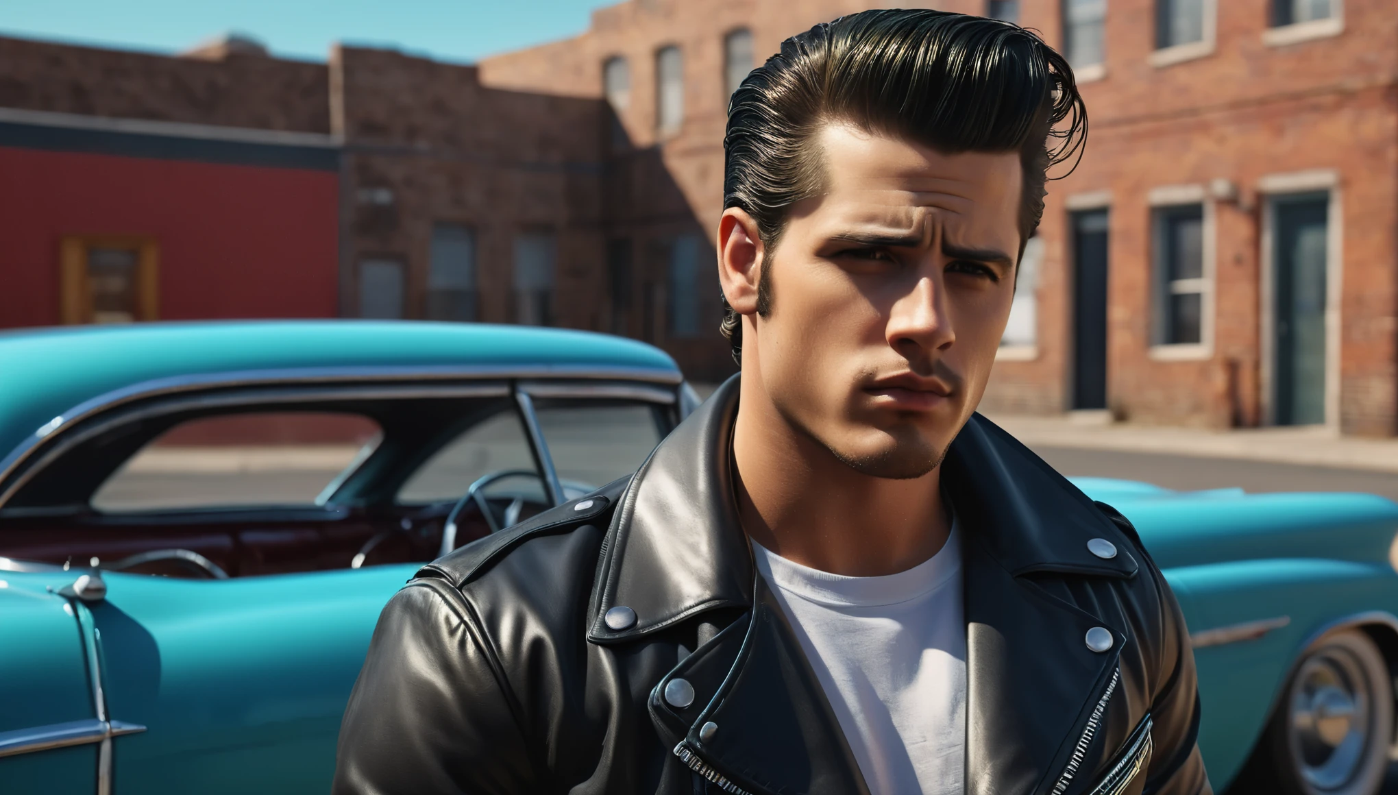 create an image demonstrating the style of ((Greaser)) style, hyper realism, 8k high definition, vibrant colors, sharp focus, insanely detailed