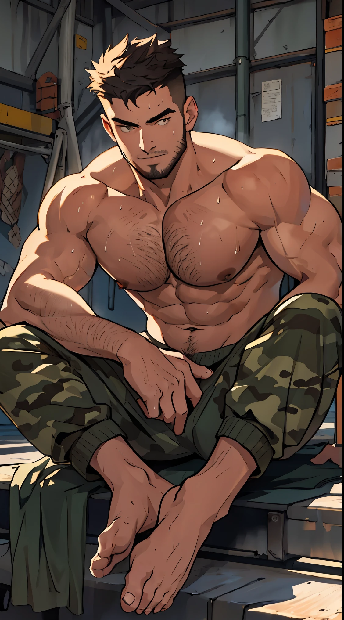 shirtless (handsome), sporty, military, very perfect face, cut short hairstyle, (hairy body), camouflage underwear, underwear, bare feet, focus on feet, beautiful feet, industrial background, (sweaty), tired, (work of art), best quality, highest detail, top quality, natural lighting, beautiful, sexy, correct anatomy, good composition, male shape, masculine, hard, created, huge bulge 