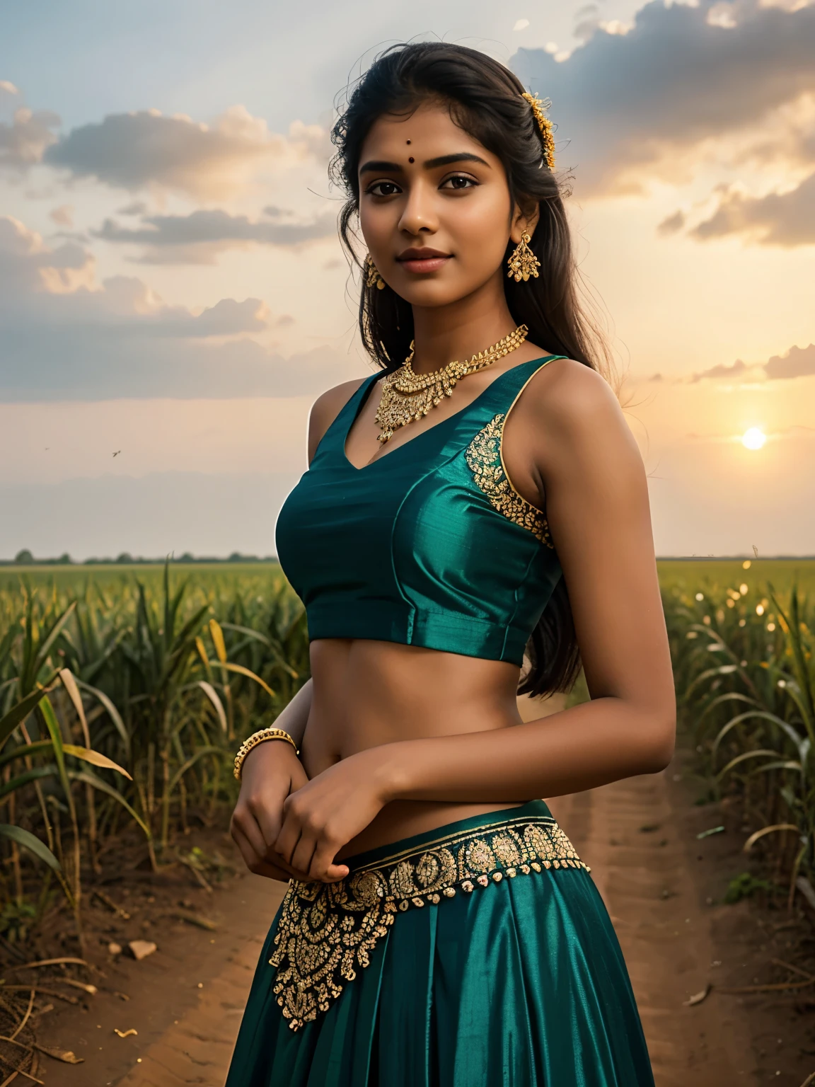 20 year old Tamil girl, inside sugarcane field, evening sky, bossy sassy photoshoot, (wearing expensive sleeveless choli, long skirt), (intricate detailing of face eyes nose mouth full lips & body parts), textured skin, smile:0.6, eyes symmetry, face symmetry, 256K, HDR, hyper realistic, intricate detailing, yotta-pixel image, yocto-pixel detailing