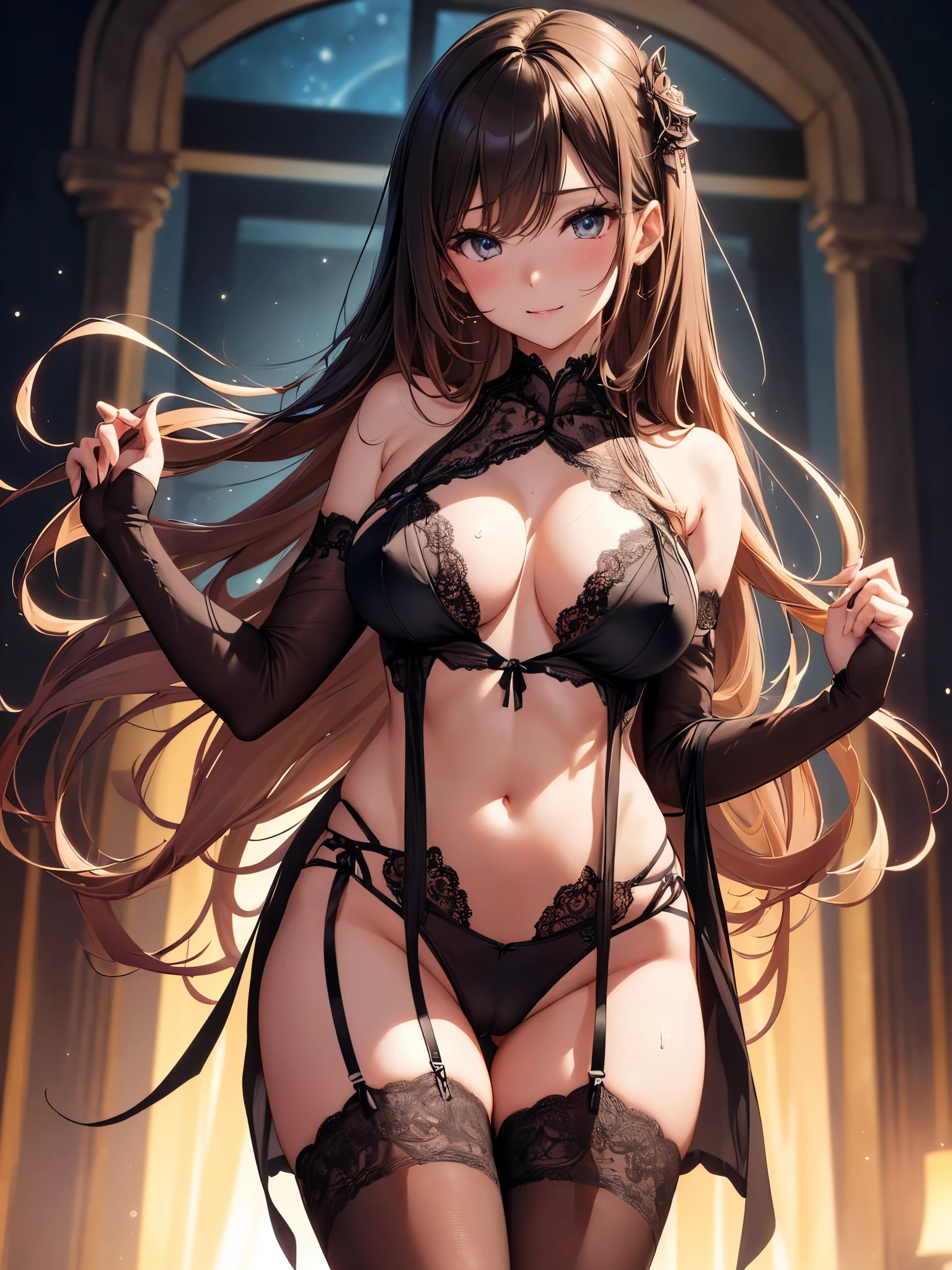 highest quality、Highest image quality、masterpiece、),bold composition、dynamic angle、Low - Angle、Spread legs seen from below、detailed groin、dynamic pose、pantiesストッキング、full body stockings、A super beautiful woman fills the screen((22 years old OL big bust、,beautiful long ironed hair、brown hair、slender、beautiful hip,Close-up、Esbian、,beautiful high quality、beautiful art、)muste piece、visual art、Depth of the bounds written、night、、magic of light、、ハープのメロディー🎵friendly smile、gentle light、、skin-friendly、、ticker beautiful decorative、美しい大都会のnight景、starry sky,elegant、mystical　rosa、　 、、friendly smile、black lingerie、black 、 body stocking.  room、Beautiful eyes staring at us、Beautiful、beautiful hands、refreshing、Wrap your entire body in transparent body stockings、Black Body Stockings、Femme fatale、A  shot of stretching your arms,
(gorgeous body stocking:1.3), (intricate lace:1.4), (see thorough:1.5), 、、Fujiko Mine、
、.UHD,cowboy shot1.9,trance parent body stocking1.5,full body stockings 1.8、Perfect full body stockings、beautiful back、detailed details、powerful、、panties、、.Approaching、1 nearby.8、、、Do not show  skin、covered with stockings、cowboyshot.Sweat、beautiful skin、orgasm.ecstasy、super REALITY、model  shot ,Don't show your skin、All body stockings、stylish、dramatic、light、hip、レンブラントlight、three-dimensional feeling of the body,magical gentle light  UHD