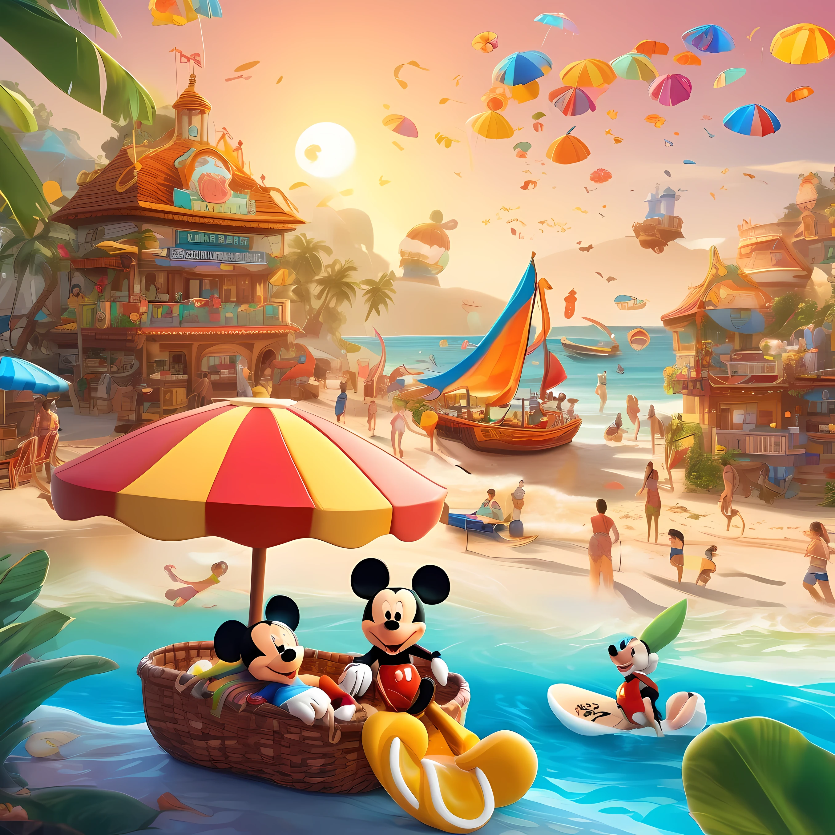Animated characters and people enjoying vibrant and creative beach on sunny golden beach, Colorful beach umbrellas sparkle in the sun, Mickey Mouse driving a racing car, Trend-setting decorations and Disney splash art from Polycount adorn the coast, The appearance of big-name figures such as Chengdu Fatty and artificial beach elements add to the summer atmosphere. Decorative elements such as shell-shaped cookies are neatly arranged in a wicker basket, Describe the scene in detail, Get creative and personalize with licensed commercial images and artistic illustrations from the visual content platform, Popular color schemes captured with Lightroom Preset Cinematic Color LUT presets, intricate details.