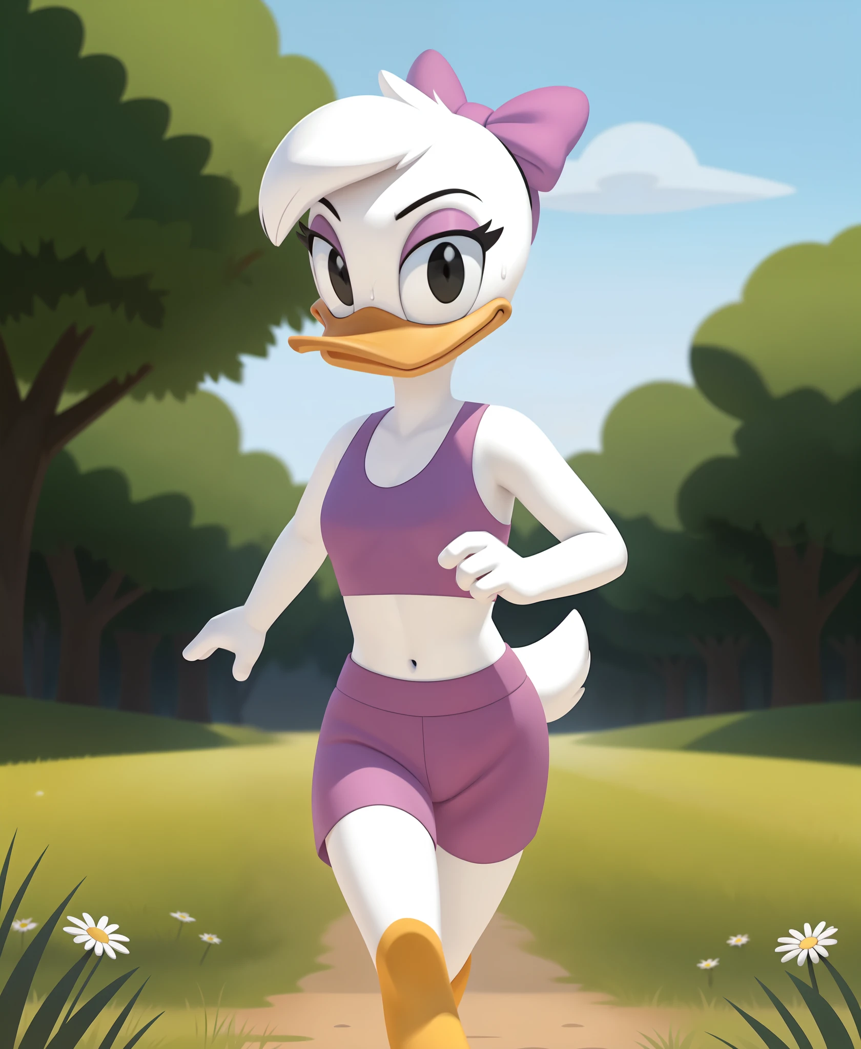 uploaded on e621, portrait of (daisy duck:1.2), photorealism, female daisy duck, detailed background, outside, eyeshadow, white hair, hairstyle,

wear sports bra, pink shorts,  sports, sweat, running away, 

simple black eyes, detailed, intricate, furry, 

(detailed white fur:1.3) (soft cinematic light:1.1) , ((looking at viewer)), (by qupostuv35:1.0), ,, BREAK