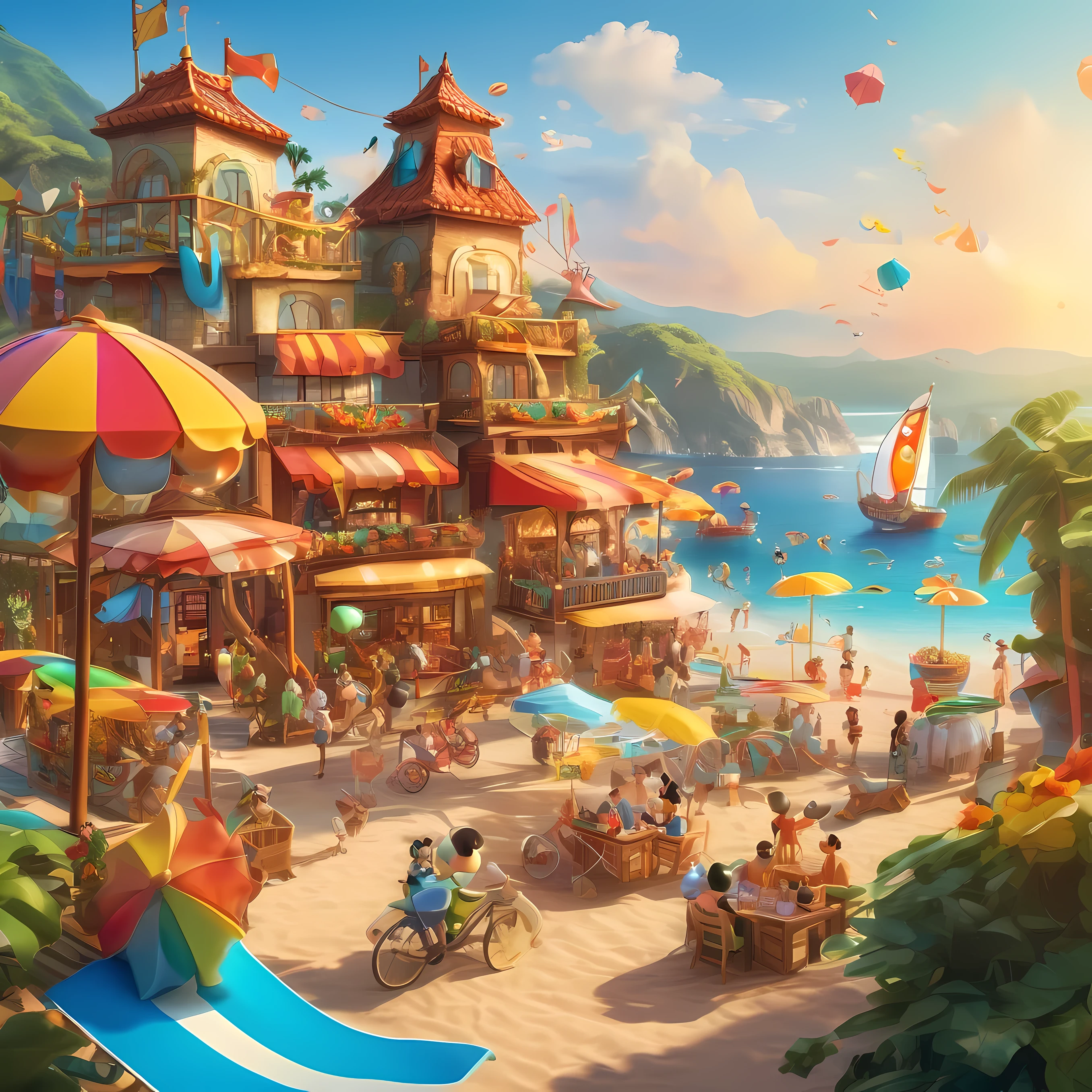 Animated characters and people enjoying vibrant and creative beach on sunny golden beach, Colorful beach umbrellas sparkle in the sun, Mickey Mouse driving a racing car, Trend-setting decorations and Disney splash art from Polycount adorn the coast, The appearance of big-name figures such as Chengdu Fatty and artificial beach elements add to the summer atmosphere. Decorative elements such as shell-shaped cookies are neatly arranged in a wicker basket, Describe the scene in detail, Get creative and personalize with licensed commercial images and artistic illustrations from the visual content platform, Popular color schemes captured with Lightroom Preset Cinematic Color LUT presets, intricate details.