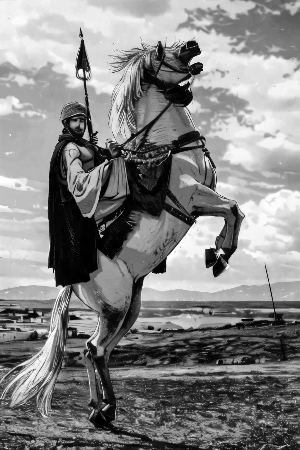 by wlop, araffe riding a horse with a spear on its back, by Abdullah Gërguri, by Ibrahim Kodra, by Fabien Charuau, by Mirabello Cavalori, by Youssef Howayek, horse warrior, portrait of bedouin d&d, by Ahmed Karahisari, intricate and epic composition, arabian samurai