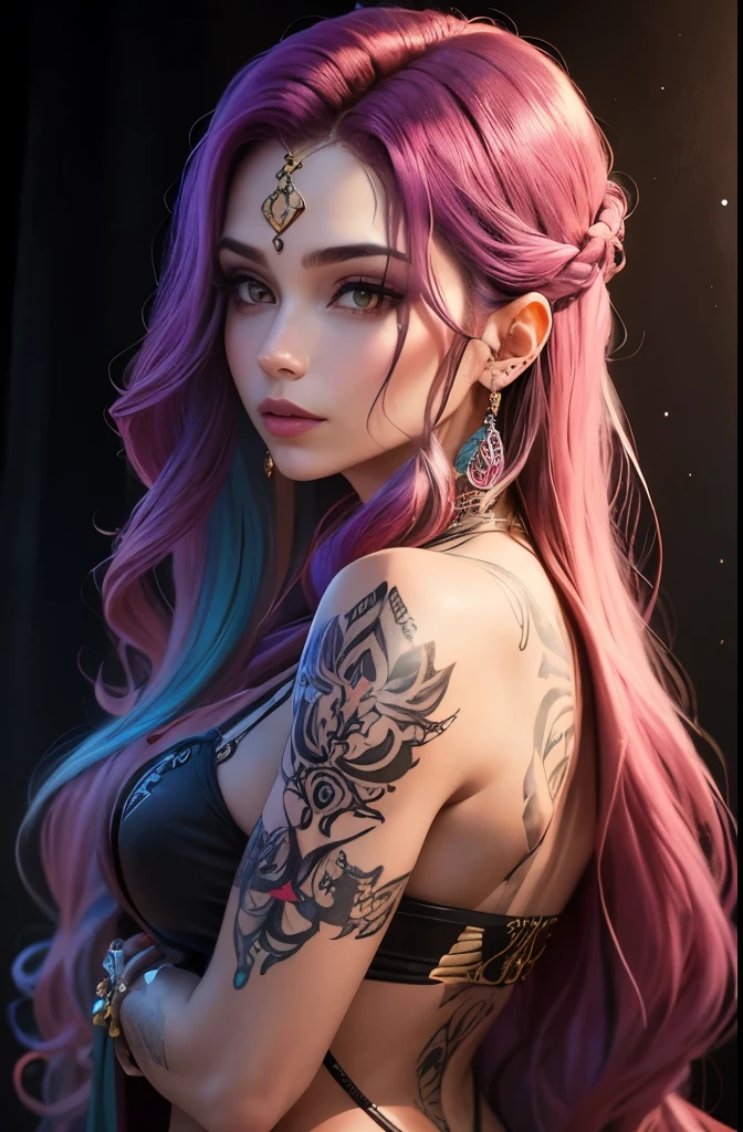 tatuagens coloridas, CABELO LONGO E FLUXO, maquiagem vibrante, pose confiante, roupa glamorosa, shiny jewelry, Artistic background, studio lighting, high resolution, pintura digital, estilo fantasia, cores vibrantes