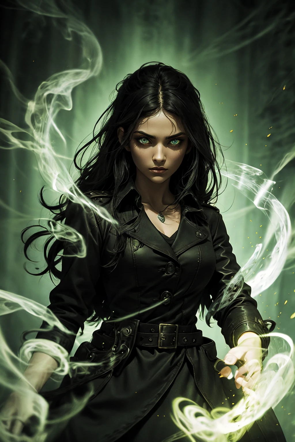 A stunning Indian beauty, with bright green eyes, standing in swirling black smoke, with dark brown-black long wavy hair, mesmerizing features with a scary expression, finely detailed eyes, angry mood masterpiece, top quality, best quality, official art, beautiful and aesthetic:1.2), (1girl), extreme detailed,(fractal art:1.3), colorful, highest detailed, (masterpiece, best quality:1.3) 1 bright-green-eyed woman, professional digital painting, Unreal Engine 5. Wearing a black-buttoned-up military-trench coat. Scary void dripping from body and face black magic swirling around. Arms up casting black magic from fingertips. Black smoke swirled around her. Holding a rapier. Purple-tinted background.
