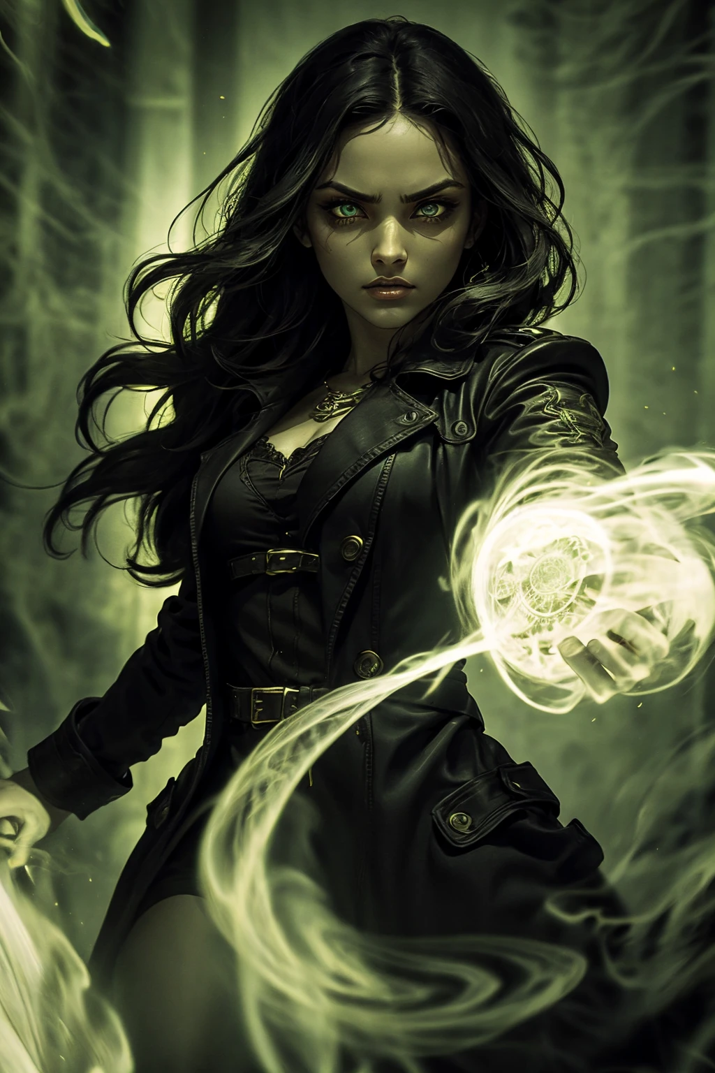 A stunning Indian beauty, with bright green eyes, standing in swirling black smoke, with dark brown-black long wavy hair, mesmerizing features with a scary expression, finely detailed eyes, angry mood masterpiece, top quality, best quality, official art, beautiful and aesthetic:1.2), (1girl), extreme detailed,(fractal art:1.3), colorful, highest detailed, (masterpiece, best quality:1.3) 1 bright-green-eyed woman, professional digital painting, Unreal Engine 5. Wearing a black-buttoned-up military-trench coat. Scary void dripping from body and face black magic swirling around. Arms up casting black magic from fingertips. Black smoke swirled around her. Holding a rapier. Purple-tinted background.
