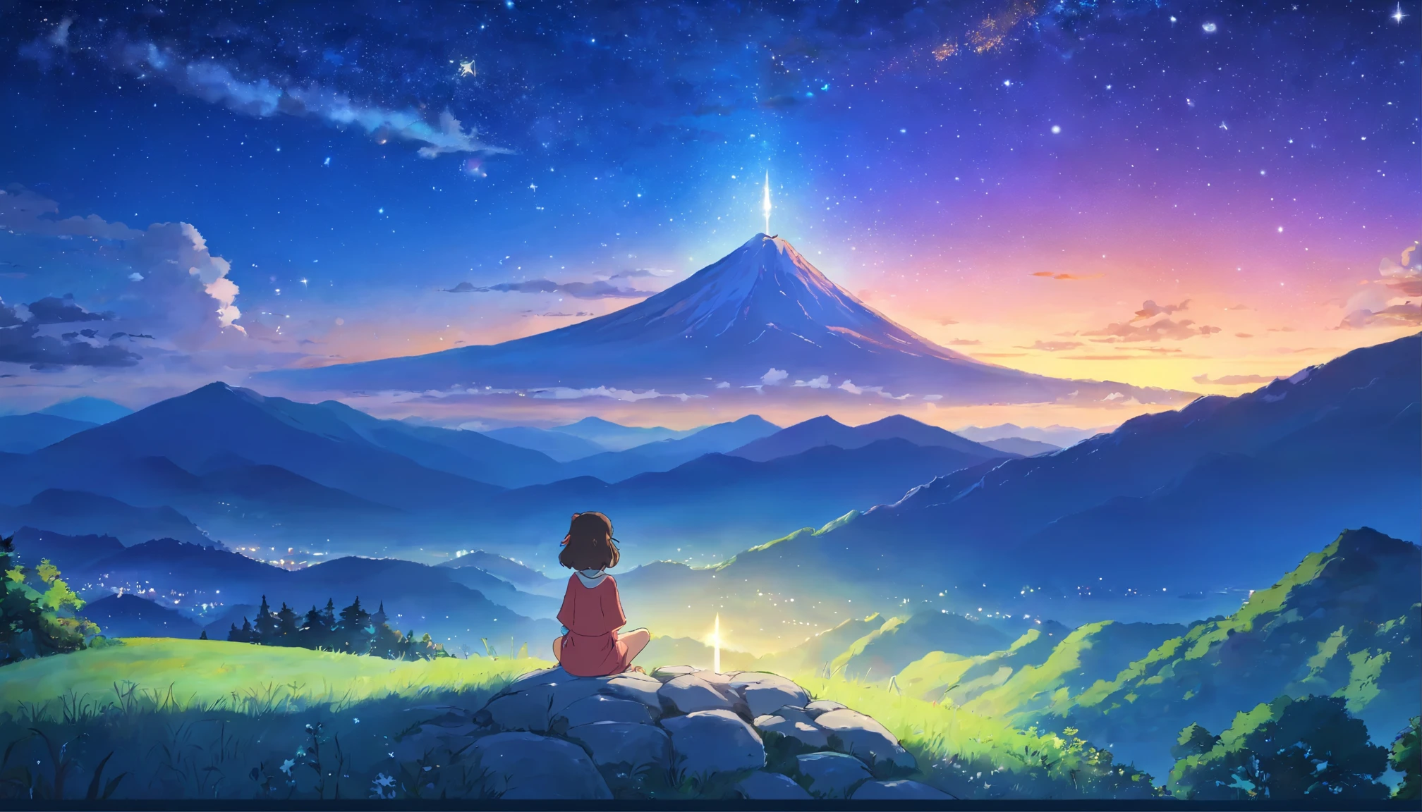 While looking at the starry sky with the mountain top in the background、夜にカスで睡眠meditationする女の子、睡眠meditation、meditation